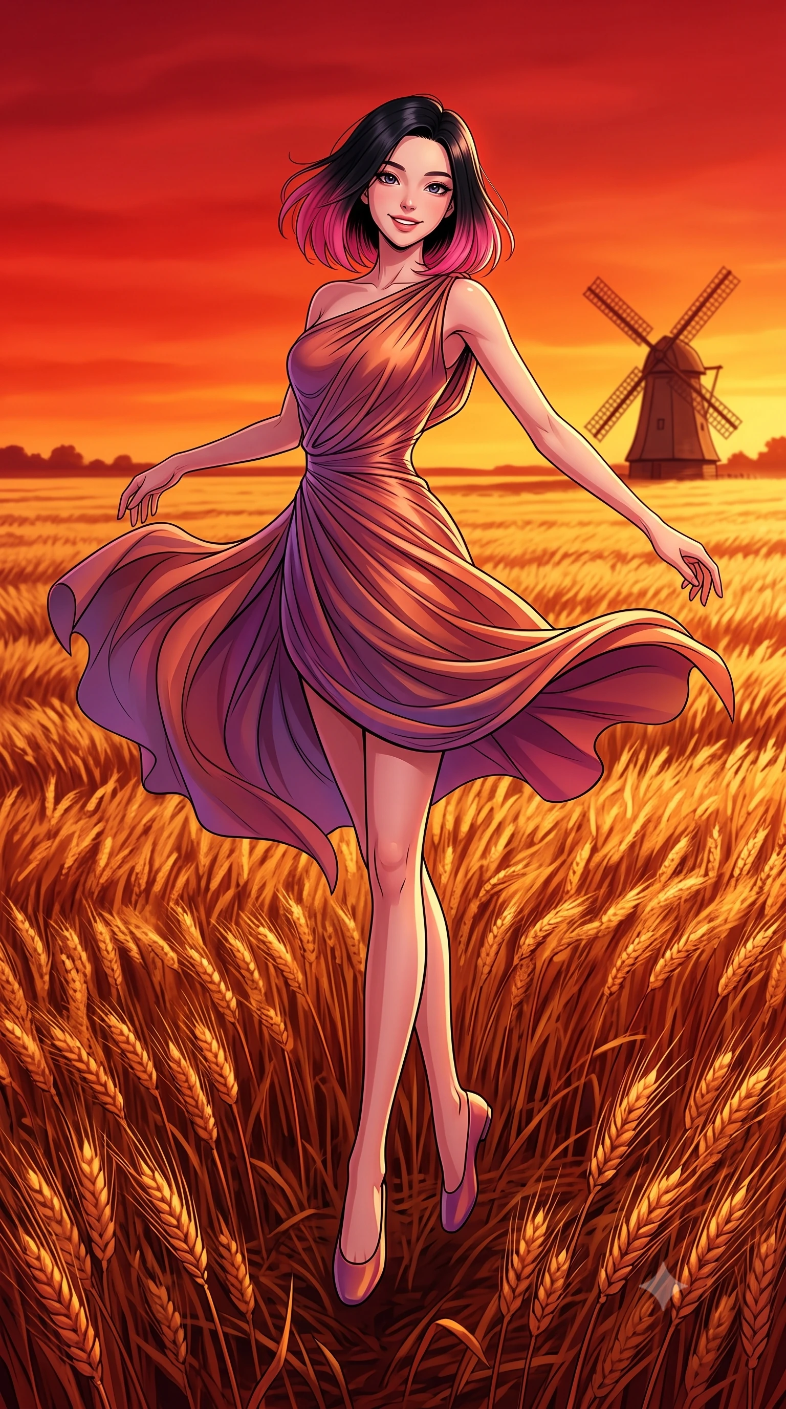 score_9, masterpiece, best quality, ultra-detailed, high-budget anime keyframe, editorial fashion photography, tasteful artistic composition, gorgeous anime illustration, with clean line-art, distinct ink outlines, and high-contrast stereoscopic depth, Korean woman. low angle full-body shot from head to toe showing her feet, filling the entire 9:16 vertical frame with her statuesque presence, stretching her vertical silhouette. pirouetting mid-air with a playful grin inside standing in the middle of a vast field of ripe golden wheat swaying in the wind, with a traditional wooden windmill visible on the far horizon. She has a statuesque 8.5-heads proportion, an exceptionally tall, slender and willowy model-like build with impossibly long legs and a highly sculpted ultra-slim waist. sharp v-shaped jawline, high-bridge nose, intricate jewel-like eyes with depth, thick eyelashes, glossy lips with a natural sheen. wearing a draped jersey dress in a shifting copper and violet gradient, the fluid fabric clinging to her slender waist with every movement. intense deep red and golden sunset light painting the entire scene in saturated warm tones with long dramatic shadows. 2k, ultra detail, master piece, 9:16 ratio, highly saturated vibrant anime colors, detailed cel-shading with soft gradients, rich glossy textures, deep contrast, volumetric dynamic lighting, 2d animation style