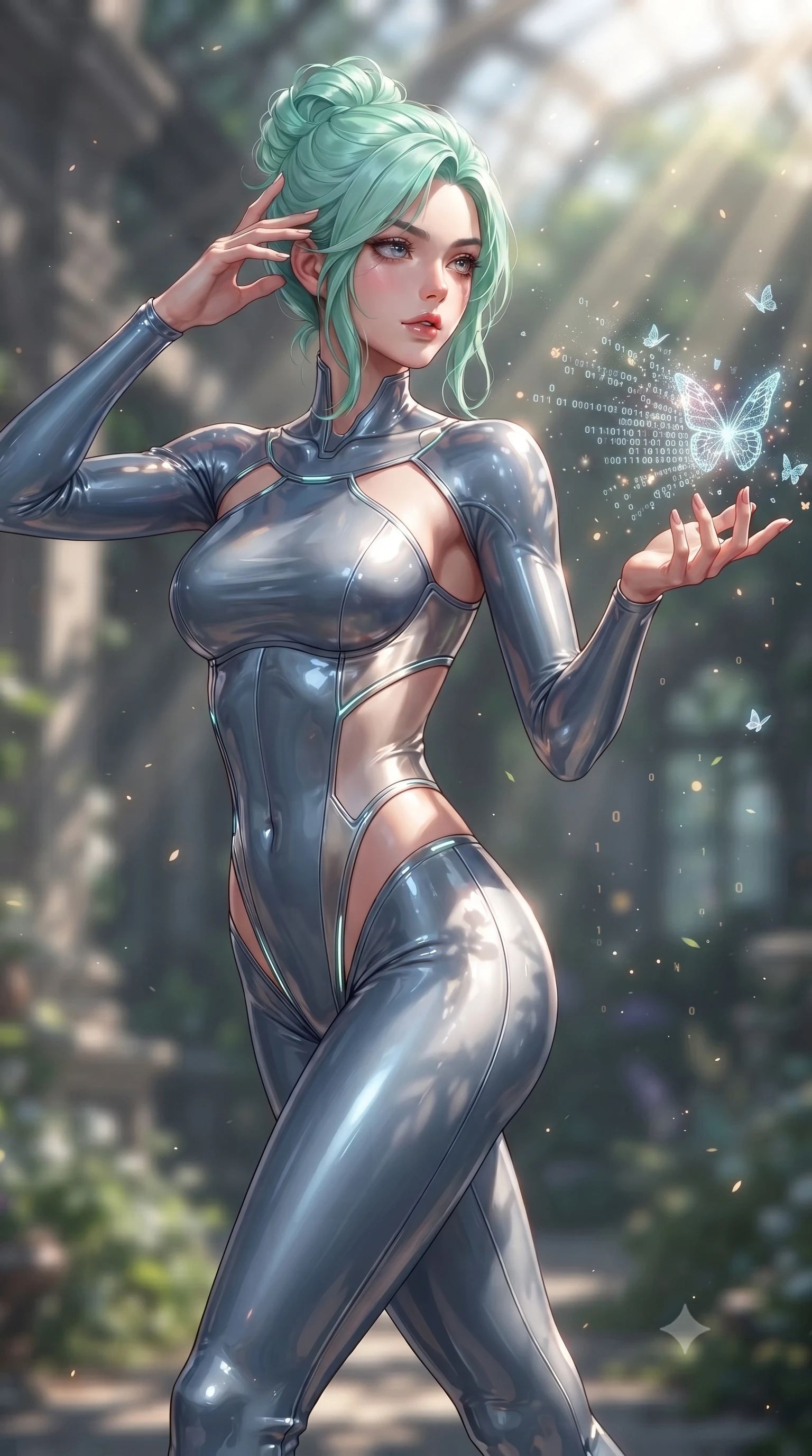 score_9, masterpiece, best quality, ultra-detailed, high-budget anime keyframe, editorial fashion photography, tasteful artistic composition, Japanese woman. close-up cowboy shot from the waist and thighs up, the character dominates the composition, filling the frame with her large presence, background elements kept in soft focus. Resting her fingers gracefully near her temple, casting a sharp mysterious side-gaze during her stride while reaching her hand out to touch a floating holographic butterfly dispersing code sparks, glowing pollen particles and binary code butterflies drifting around her form. She has an exceptionally elegant, slender, and willowy female figure with an ultra-slim waist, a gracefully sculpted slender torso, and a refined silhouette. sharp v-shaped jawline, high-bridge nose, intricate jewel-like eyes with depth, thick eyelashes, glossy lips with a natural sheen, flawlessly proportioned anatomical accuracy, natural body alignment, perfectly sculpted elegant limbs, clean dynamic posture without body distortion. wearing a skin-tight cybernetic bodysuit with glowing neon seams and side cutouts in slate blue and metallic silver, tailored from high-gloss patent leather, featuring clean architectural cutouts along her slender torso, the elegant draped fit framing her graceful clavicle and slender torso. illuminated by brilliant sunbeams casting organic leaf stencil shadows. ultra-reflective glossy finish, specular highlights, metallic sheen, high-contrast stereoscopic depth, volumetric dynamic lighting, 2k, ultra detail, master piece, 9:16 ratio
