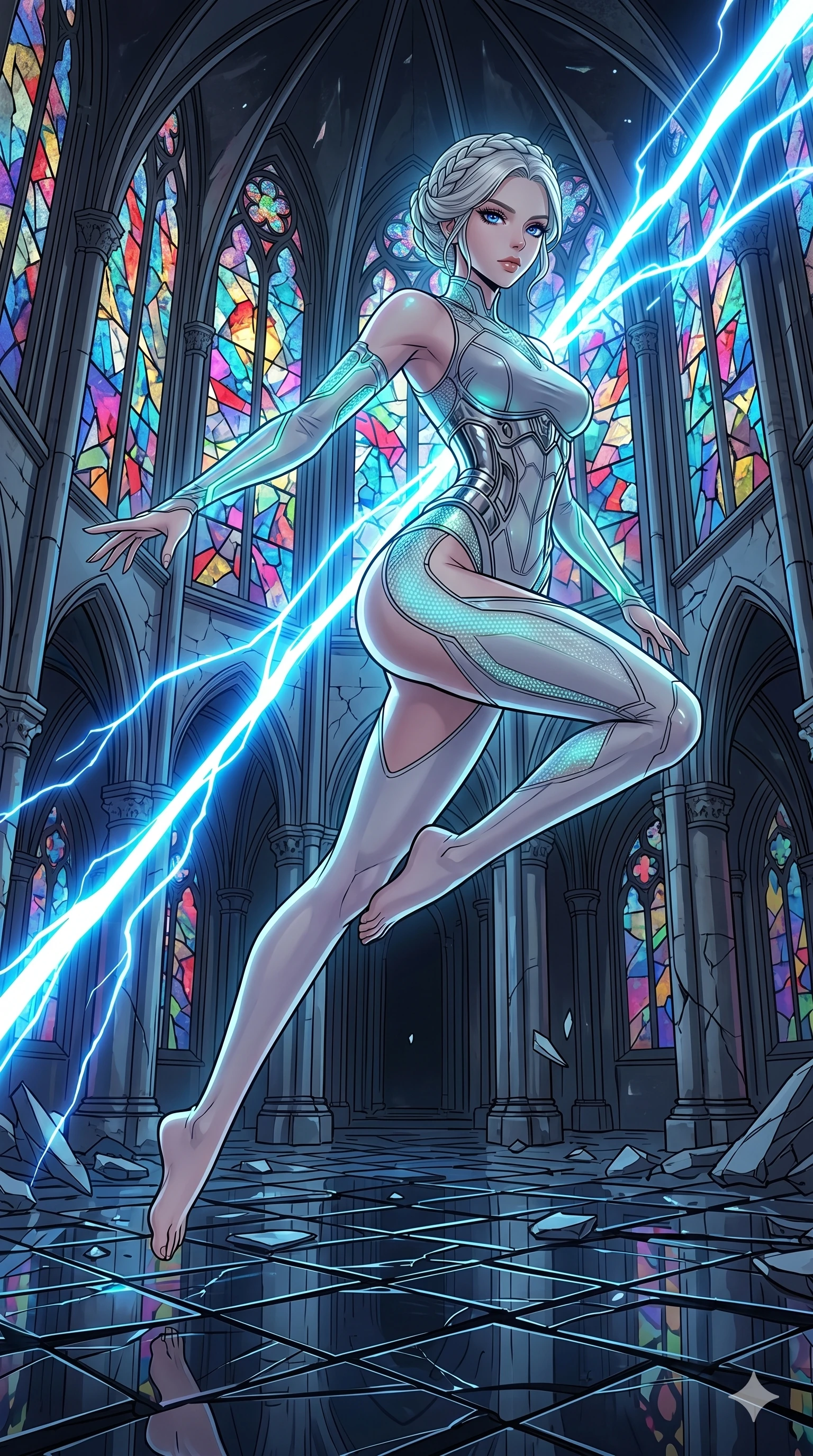 score_9, masterpiece, best quality, ultra-detailed, high-budget anime movie keyframe, cinematic anime lighting, intricate line art, Korean anime girl. Low angle cowboy shot filling the entire 9:16 frame with her statuesque presence. leaping gracefully in a shattered stained glass cathedral with lightning lasers. She has an absolutely perfect 8-heads proportion, an exceptionally tall and slender female figure with an ultra-slim waist and impossibly long slender legs. sharp v-shaped jawline, high-bridge nose, intricate jewel-like eyes, thick eyelashes, glossy lips. Wearing asymmetrical high-cut tech-bodysuit with detached glowing sleeves, chrome-plated mechanical corset, and bioluminescent mesh panels clinging to her slender figure. The scene is illuminated by dramatic atmospheric lighting and vibrant color palettes. 2k, ultra detail, master piece, 9:16 ratio