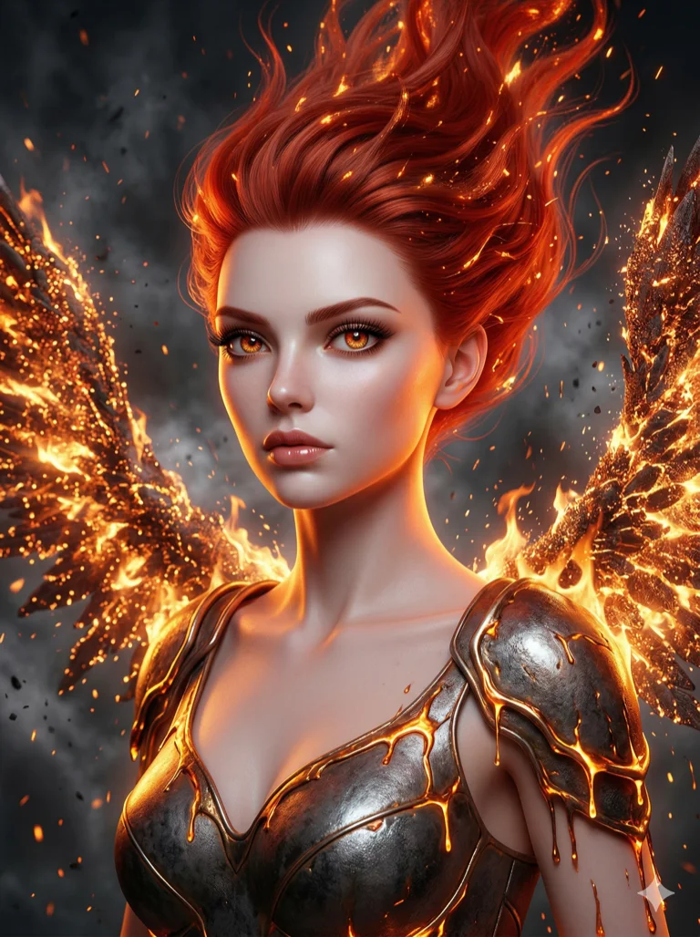 score_9, masterpiece, best quality, ultra-detailed, highend animation style, an incredibly beautiful ethereal Caucasian woman with flawless pale skin (strictly human ears). Close-up portrait filling more than half of the frame. She is a phoenix rising from the ashes, her wings made of glowing embers and fire. She has an absolutely perfect petite and compact proportion, a petite female figure with a delicate skinny figure. Her face is a highly detailed masterpiece featuring a v-shaped jawline, high-bridge nose, intricate jewel-like eyes, thick eyelashes, and glossy lips. She has vibrant red flowing hair. She is wearing a form-fitting metallic armor that seems to be melting, highlighting her alluring silhouette. Rising embers and orange fire glow, dramatic rim lighting, radiant glowing skin, cinematic dynamic light, 2k, ultra detail, master piece, 3:4 ratio