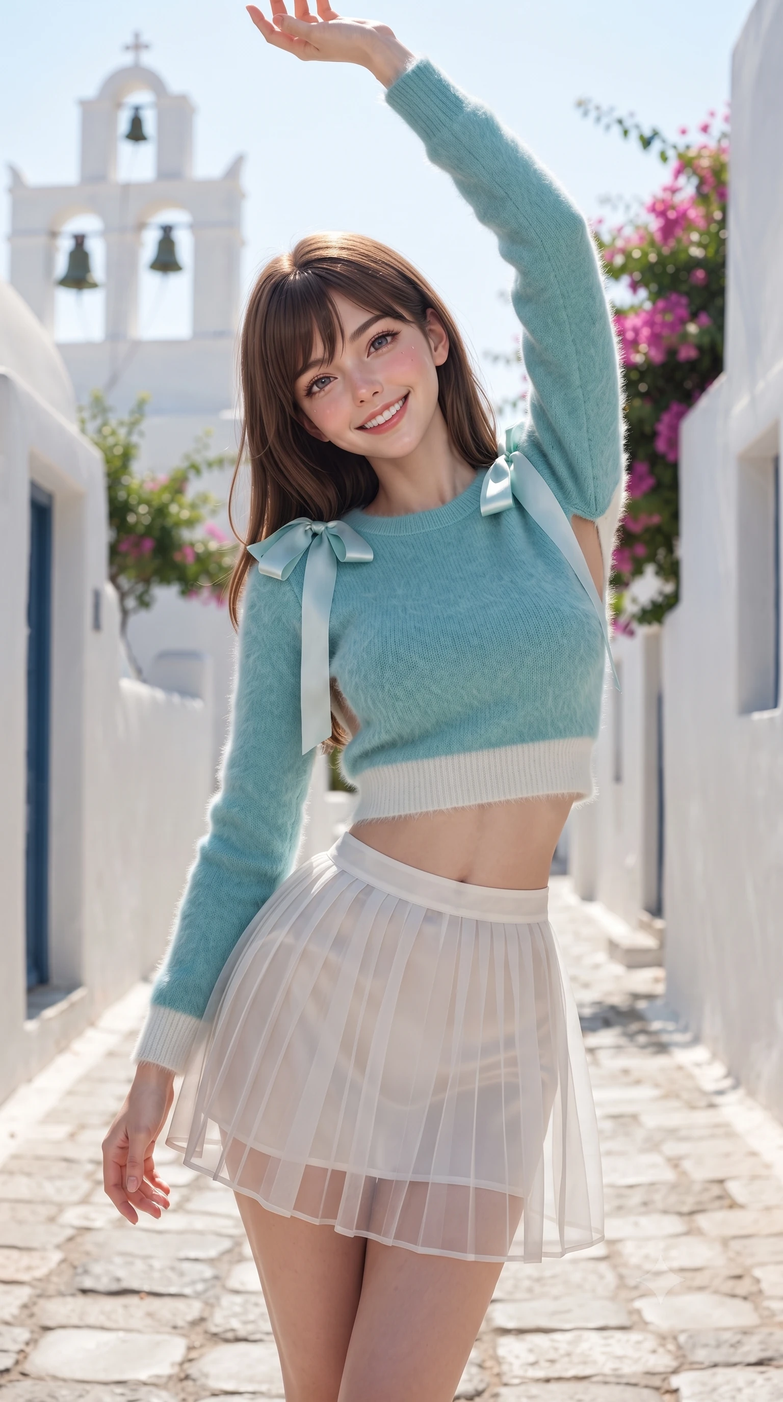 score_9, masterpiece, best quality, ultra-detailed, high-budget anime keyframe, editorial fashion photography, tasteful artistic composition, Korean woman. close-up cowboy shot from the waist and thighs up, the character dominates the composition, filling the frame with her large presence. playfully stretching one arm overhead toward the sun, her radiant smile capturing fresh girlhood charm while her arched torso reveals an intoxicating hip contour while walking down the quiet cobblestone village lane, her breezy resort wear clinging to her narrow waist and rounded hips in the Aegean breeze. The surrounding environment is rendered in vivid detail and crisp panoramic clarity. sharp lime-wash plaster textures, bell tower brass bells, and bougainvillea petal venation in deep focus. She has an exceptionally elegant, slender, and willowy female figure with an ultra-slim waist, flat toned midriff, narrow ribcage, and sculpted feminine hips creating an alluring, slim hourglass silhouette without bulk. sharp v-shaped jawline, high-bridge nose, intricate jewel-like sparkling eyes with depth, thick eyelashes, glossy parted lips with a natural peach sheen, bright cheerful beaming smile with an enchanting and coquettish sensual glint, exuding both youthful cute charm and seductive allure, flawlessly proportioned anatomical accuracy, strict slender model proportions, natural body alignment, perfectly sculpted long slender limbs, ultra-slim waistline, clean dynamic posture without body distortion. wearing a soft angora crop knit sweater with a sheer pleated organza mini skirt over an opaque silk slip in ocean turquoise and sea-salt white, tailored from fine lightweight chiffon that flutters gently in the breeze, finished with cute satin bow ribbons tying at the shoulders, the precision-cut side openings and low-back scoop framing her graceful spine and the sensual sweep of her slim, toned hips. bathed in brilliant midday Mediterranean sunlight and luminous white wall bounce fill. ultra-reflective glossy finish, specular highlights, rich textural contrasts, high-contrast stereoscopic depth, volumetric dynamic lighting, 2k, ultra detail, master piece, 9:16 ratio