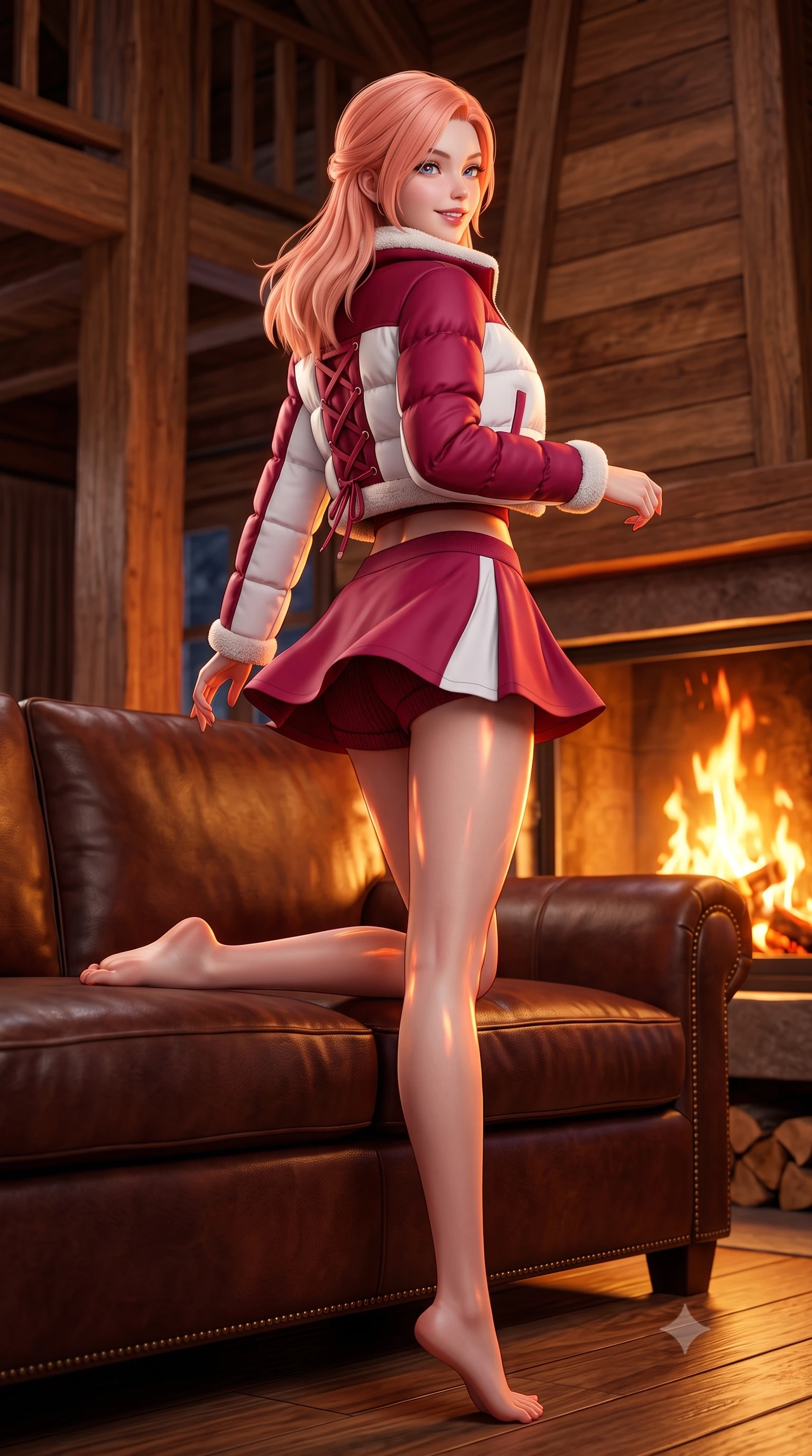 score_9, masterpiece, best quality, ultra-detailed, high-budget anime keyframe, semi-realistic 3D game render, editorial fashion photography, tasteful artistic composition, Japanese woman. low angle full-body shot from head to toe showing her feet, filling the entire 9:16 vertical frame with her statuesque presence, stretching her vertical silhouette. executing a cheerful mid-motion pivot turn as her winter skirt flutters around her slender legs, glancing over her shoulder with an intoxicating, teasing bedroom-gaze while lounging across a deep leather sofa propped on one elbow with one knee bent, displaying her toned midriff and long slender limbs with effortless charm. The surrounding environment is rendered in vivid detail and crisp panoramic clarity. detailed knit wear texture, dancing firelight reflections on skin, and grand chalet timber craftsmanship in high clarity. She has an exceptionally tall and slender model-like 8.5-heads proportion, an ultra-slim waist, a flat toned midriff, narrow delicate ribcage, and beautifully sculpted feminine hips creating a graceful, slim hourglass silhouette without any bulky heaviness, with impossibly long slender legs. sharp v-shaped jawline, high-bridge nose, sparkling ice-crystal eyes with depth, frosty thick lashes, glossy parted lips with a rosy berry sheen, bright playful smile with an intoxicating seductive glint, rosy flushed cheeks radiating cozy warmth and dangerous allure, flawlessly proportioned anatomical accuracy, strict slender model proportions, natural body alignment, perfectly sculpted long slender limbs, ultra-slim waistline, clean dynamic posture without body distortion. wearing a cropped shearling-lined puffer jacket worn over a tight plunge camisole and tailored hot-pants in rich winter berry crimson and snow white, tailored from crisp technical ski fabric with clean aerodynamic lines, finished with criss-cross back satin laces tracing her slender spine, the form-contouring cut accentuating her sculpted flat midriff, narrow delicate ribcage, and gracefully curvy hips with alpine supermodel elegance. bathed in dynamic, dancing amber and orange firelight from the monumental hearth. highly saturated vibrant anime colors, detailed shading with soft gradients, rich glossy textures, high-contrast stereoscopic depth, volumetric dynamic lighting, master piece, 9:16 ratio