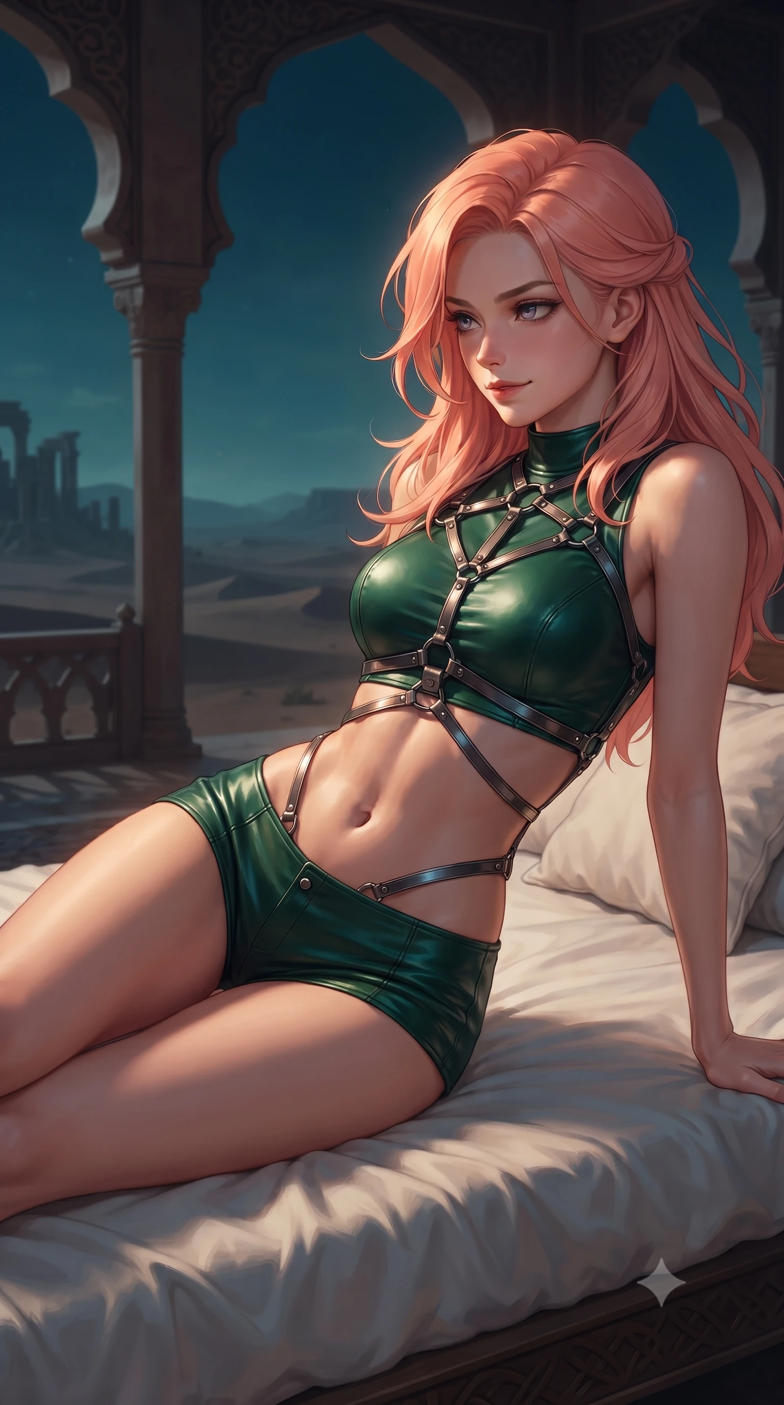 score_9, masterpiece, best quality, ultra-detailed, high-budget anime keyframe, editorial fashion photography, tasteful artistic composition, Japanese woman. close-up cowboy shot from the waist and thighs up, the character dominates the composition, filling the frame with her large presence, background elements kept in soft focus. Glancing sidelong over her shoulder with a smoldering, enigmatic half-smile, lounging on a white linen daybed surrounded by open arches overlooking the desert, mysterious oriental desert luxury aesthetic. She has an exceptionally elegant, slender, and willowy female figure with an ultra-slim waist, a gracefully sculpted slender torso, and a refined silhouette. sharp v-shaped jawline, high-bridge nose, intricate jewel-like eyes with depth, thick eyelashes, glossy lips with a natural sheen. wearing high-cut micro-shorts and crop top set with dark leather harness in deep emerald green, made of polished black leather, highlighted by a gunmetal metallic harness structure, accentuating her gracefully sculpted slender torso. bathed in dramatic golden-amber and deep desert sky contrast. ultra-reflective glossy finish, specular highlights, metallic sheen, high-contrast stereoscopic depth, volumetric dynamic lighting, 2k, ultra detail, master piece, 9:16 ratio