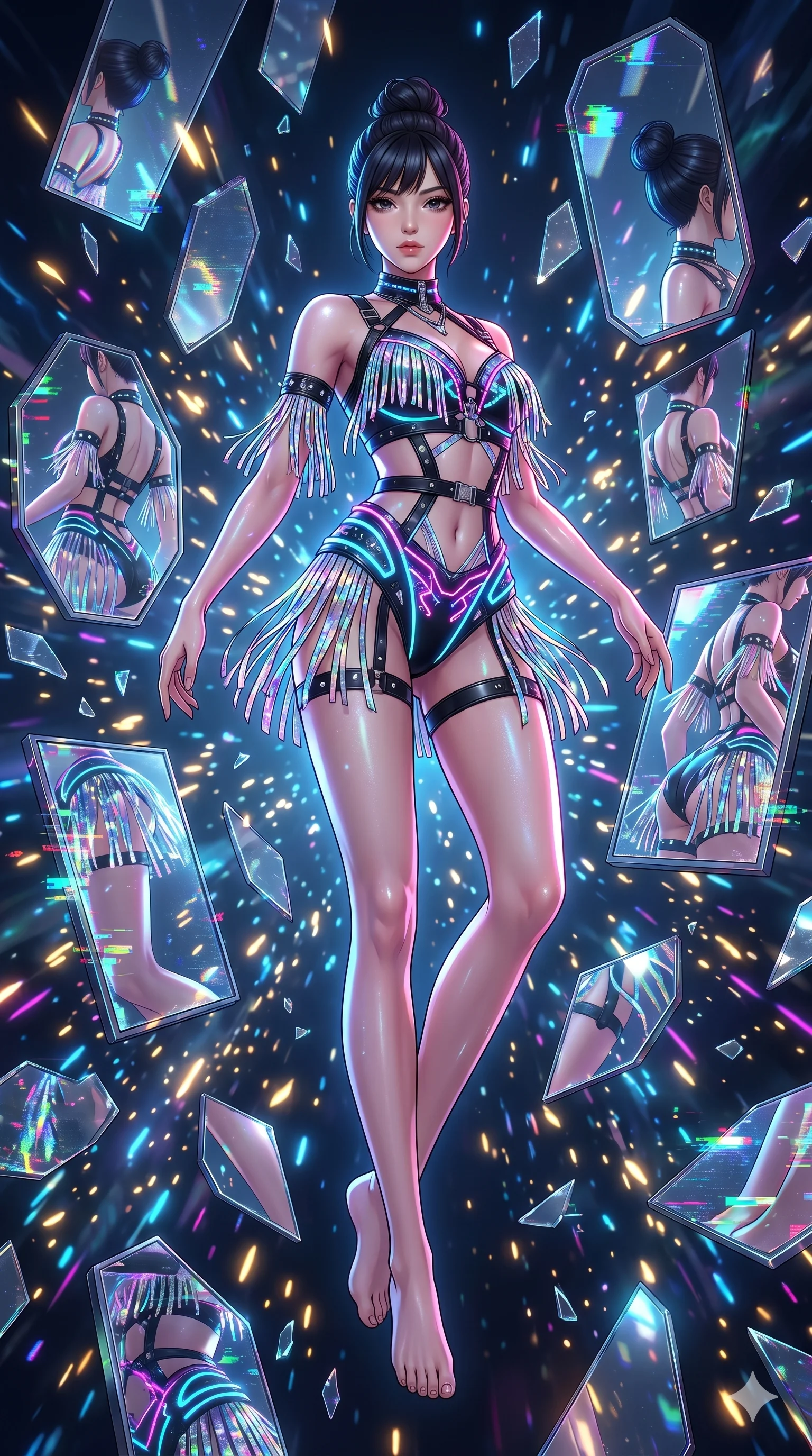 score_9, masterpiece, best quality, ultra-detailed, Set A: High-budget Anime Keyframe, Japanese woman. Low angle cowboy shot filling the entire 9:16 frame with her statuesque presence. Floating through a dimension of floating mirrors, as gravity fails and everything around her floats in state 286 and surrounded by glowing energy sparks. She has an absolutely perfect 8-heads proportion, an exceptionally tall and slender female figure with impossibly long slender legs and an ultra-slim waist. Sharp v-shaped jawline, high-bridge nose, intricate jewel-like eyes with depth, thick eyelashes, glossy lips with a natural sheen. Wearing Cyberpunk idol stage outfit with glittery fringes, leather straps, and glowing LED accents. Cinematic lighting, vibrant colors, dramatic shadows, 2k, ultra detail, master piece, 9:16 ratio