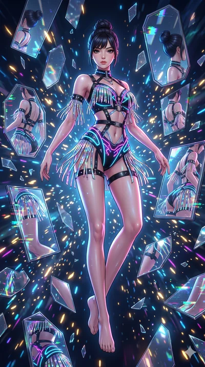 score_9, masterpiece, best quality, ultra-detailed, Set A: High-budget Anime Keyframe, Japanese woman. Low angle cowboy shot filling the entire 9:16 frame with her statuesque presence. Floating through a dimension of floating mirrors, as gravity fail