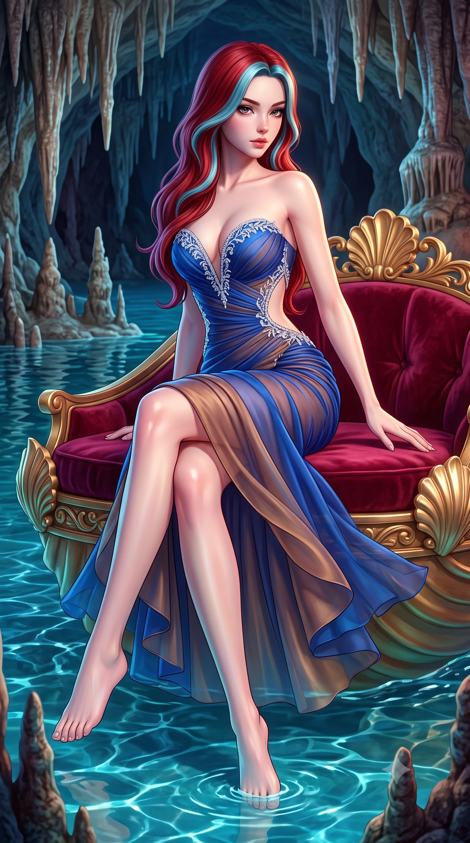 score_9, masterpiece, best quality, ultra-detailed, high-budget anime keyframe, semi-realistic 3D game render, editorial fashion photography, tasteful artistic composition, Caucasian woman. low angle full-body shot from head to toe showing her feet, filling the entire 9:16 vertical frame with her statuesque presence, stretching her vertical silhouette. executing an elegant mid-motion pivot turn as garments swirl around her slender limbs, glancing over her shoulder with an intoxicating bedroom-gaze while sitting poised on the velvet cushions of the gilded shell barge with legs crossed, her long slender legs and narrow waist glowing in vibrant colored cave lights. The surrounding environment is rendered in vivid detail and crisp panoramic clarity. sharp carved gilded shell boat flourishes, artificial stalactite textures, and cave water surface tension in deep focus. She has an exceptionally tall and slender model-like 8.5-heads proportion, an ultra-slim waist, a flat toned midriff, narrow delicate ribcage, and beautifully sculpted feminine hips creating a graceful, slim hourglass silhouette without any bulky heaviness, with impossibly long slender legs. sharp v-shaped jawline, high-bridge nose, intricate jewel-like eyes with depth, thick eyelashes, glossy parted lips with a natural sheen, intensely captivating and seductive bedroom-eyes expression, flawlessly proportioned anatomical accuracy, strict slender model proportions, natural body alignment, perfectly sculpted long slender limbs, ultra-slim waistline, clean dynamic posture without body distortion. wearing an ultra-fitted strapless bustier midi dress with side hip ruching and exposed spine in royal sapphire blue and liquid bronze, woven from layered gossamer chiffon with a weightless sweeping drape, finished with delicate crystal frost embroidery tracing the plunging neckline, the precision-cut side openings and low-back scoop framing her graceful spine and the sensual sweep of her slim, toned hips. illuminated by shimmering pool water caustics sharply sculpting her razor-sharp jawline, narrow waist, and curvy hips. highly saturated vibrant anime colors, detailed shading with soft gradients, rich glossy textures, high-contrast stereoscopic depth, volumetric dynamic lighting, master piece, 9:16 ratio