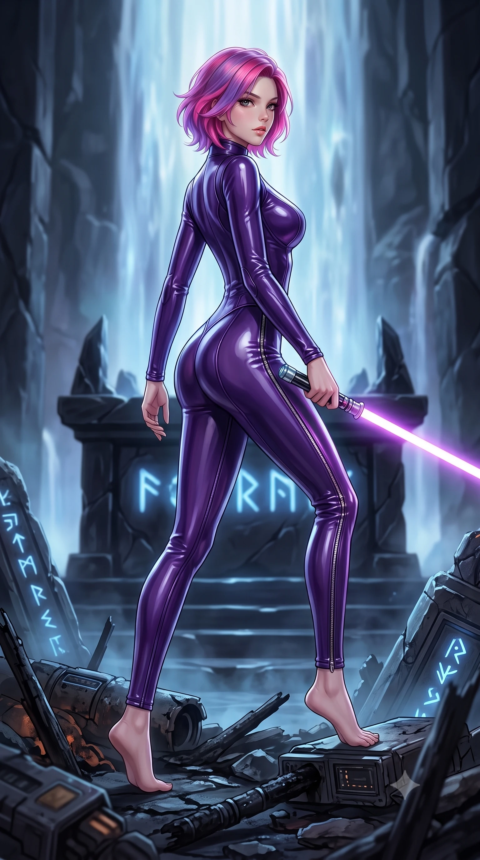 score_9, masterpiece, best quality, ultra-detailed, high-budget anime keyframe, editorial fashion photography, tasteful artistic composition, Caucasian woman. low angle full-body shot from head to toe showing her feet, filling the entire 9:16 vertical frame with her statuesque presence, stretching her vertical silhouette. stepping gracefully through battlefield debris with a glowing saber hilt in hand, looking back over her shoulder, the background shows a soft-focus a temple altar near a plasma waterfall, built from black obsidian stone. She has an absolutely perfect, statuesque 8.5-heads proportion, an exceptionally tall and slender model-like female figure with impossibly long slender legs and an ultra-slim waist. sharp v-shaped jawline, high-bridge nose, intricate jewel-like eyes with depth, thick eyelashes, glossy lips with a natural sheen. wearing a body-hugging form-contouring pilot flight suit in deep purple liquid vinyl, featuring a snug mock-neck and chrome zipper details. soft blue light radiating from carved runes, casting an eerie uplight. highly saturated vibrant anime colors, detailed shading with soft gradients, rich glossy textures, high-contrast stereoscopic depth, volumetric dynamic lighting, master piece, 9:16 ratio