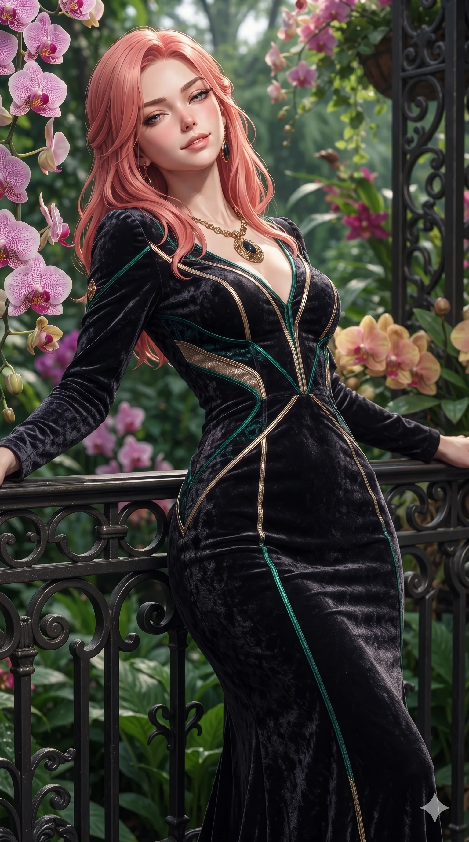 score_9, masterpiece, best quality, ultra-detailed, high-budget anime keyframe, editorial fashion photography, tasteful artistic composition, Japanese woman. close-up cowboy shot from the waist and thighs up, the character dominates the composition, filling the frame with her large presence. leaning back against the balustrade with relaxed seductive grace, head tilted back slightly while casting a hypnotic, heavy-lidded gaze while walking slowly down the humid stone pathway with hypnotic grace, hips swaying in an alluring sensual rhythm that commands the floral pavilion. The surrounding environment is rendered in vivid detail and crisp panoramic clarity: sharp orchid labellum lip patterns, dew droplet beads on waxy petals, and cast-iron trellis scrollwork in deep focus. She has an exceptionally elegant, slender, and willowy female figure with an ultra-slim waist, flat toned midriff, narrow ribcage, and sculpted feminine hips creating an alluring, slim hourglass silhouette without bulk. sharp v-shaped jawline, high-bridge nose, sparkling eyes with hypnotic seductive depth, thick curled eyelashes, glossy parted lips with a natural dewy peach sheen, alluring bedroom-eyes with an enchanting coquettish smile, exuding magnetic siren charisma and sophisticated glamour, flawlessly proportioned anatomical accuracy, strict slender model proportions, natural body alignment, perfectly sculpted long slender limbs, ultra-slim waistline, clean dynamic posture without body distortion. wearing a bespoke long-sleeve silk faille evening gown with clean architectural botanical seams in casino emerald green and metallic champagne gold with ruby glints, tailored from crushed dark velvet with deep light-absorbing plush texture, finished with an authentic engraved gold medallion and obsidian cabochons, the impeccably tailored cut draping gracefully along her slender figure with aristocratic botanical poise. illuminated by wet flagstone bounce and sharp fuchsia-gold rim lights defining her razor-sharp jawline, narrow waist, and curvy hips. ultra-reflective glossy finish, specular highlights, rich textural contrasts, high-contrast stereoscopic depth, volumetric dynamic lighting, 2k, ultra detail, master piece, 9:16 ratio