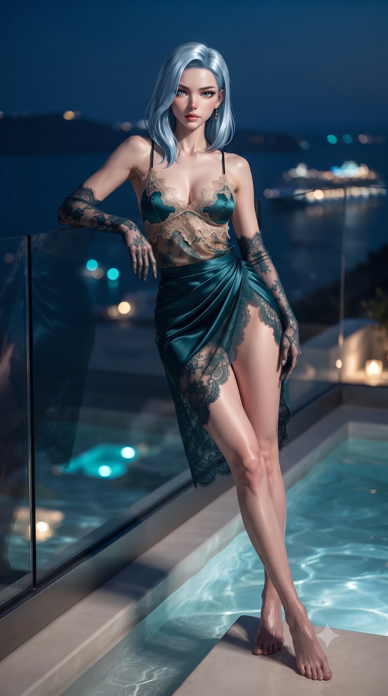 score_9, masterpiece, best quality, ultra-detailed, high-budget anime keyframe, editorial fashion photography, tasteful artistic composition, Korean woman. low angle full-body shot from head to toe showing her feet, filling the entire 9:16 vertical frame with her statuesque presence, stretching her vertical silhouette. leaning deep against the balcony balustrade with hips cocked back in an unapologetically alluring high-fashion stance, casting an intoxicating glance while lounging in the shallow heated pool propped on one elbow, her flat midriff and long slender legs commanding the panoramic island night vista. The background shows a soft-focus the vast dark Aegean Sea, distant cruise ship lights, and whitewashed cliffside village lights blurred into sapphire, gold, and turquoise bokeh. She has an absolutely perfect, statuesque 8.5-heads proportion, an exceptionally tall and slender model-like female figure with impossibly long slender legs, an ultra-slim waist, a flat toned midriff, narrow delicate ribcage, and beautifully sculpted feminine hips creating a graceful, slim hourglass silhouette without any bulky heaviness. sharp v-shaped jawline, high-bridge nose, sparkling eyes with hypnotic seductive depth, thick curled eyelashes, glossy parted lips with a natural dewy peach sheen, alluring bedroom-eyes with an enchanting coquettish smile, exuding magnetic siren charisma and sophisticated glamour, flawlessly proportioned anatomical accuracy, strict slender model proportions, natural body alignment, perfectly sculpted long slender limbs, ultra-slim waistline, clean dynamic posture without body distortion. wearing a delicate lace-trimmed silk camisole paired with a draped satin wrap sarong mini skirt with high side slit in deep peacock teal and burnished antique brass, made of delicate semi-sheer French Chantilly lace with intricate eyelash edges, complemented by sheer opera-length lace evening gloves tracing her slender arms, the high-slit wrap tailoring accentuating her ultra-slim waistline and the enchanting curve of her feminine hips with alluring seductive charm. illuminated by aquatic reflection caustics and sharp platinum-gold rim lights sculpting her razor-sharp jawline, narrow waist, and curvy hips. ultra-reflective glossy finish, specular highlights, rich textural contrasts, high-contrast stereoscopic depth, volumetric dynamic lighting, 2k, ultra detail, master piece, 9:16 ratio