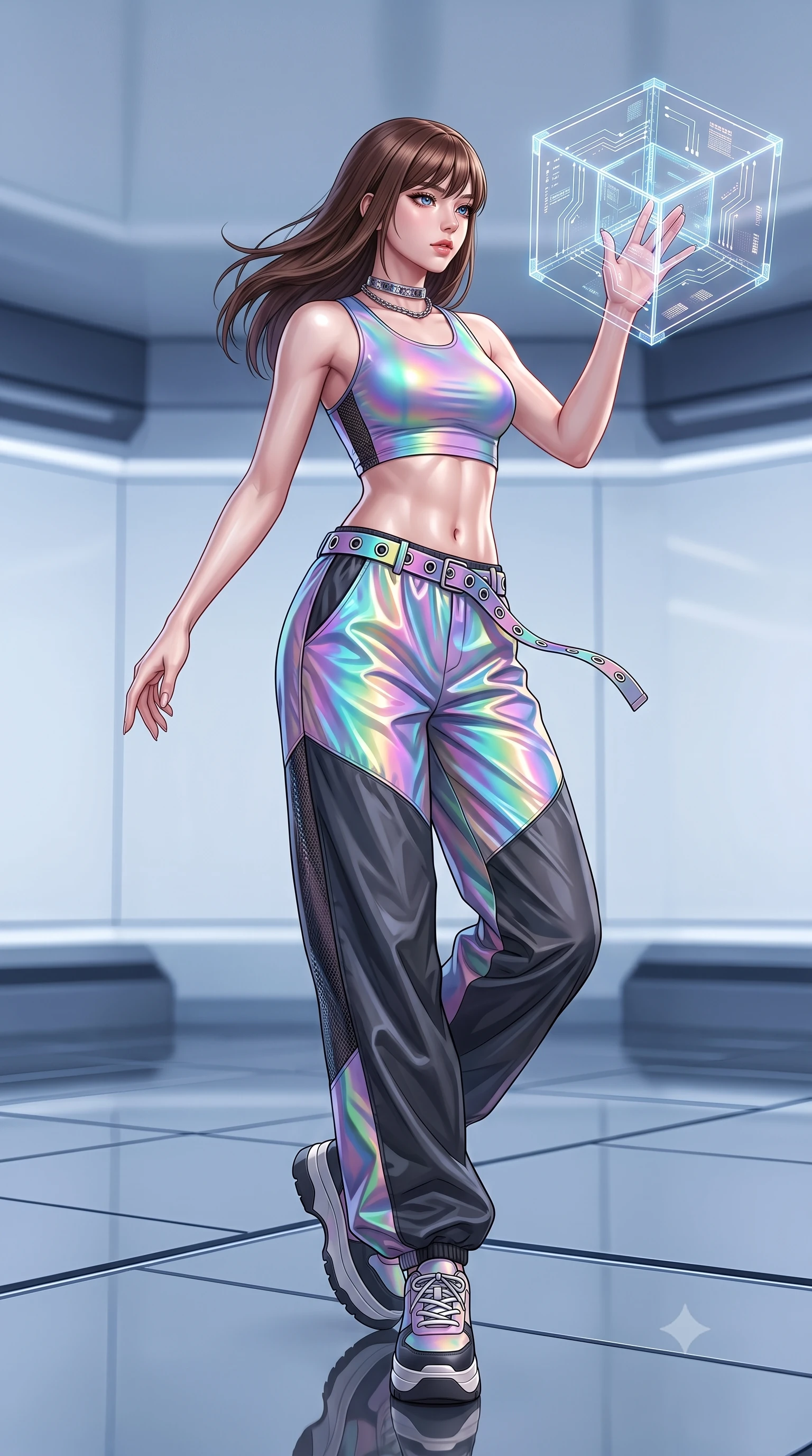 score_9, masterpiece, best quality, ultra-detailed, high-budget anime keyframe, semi-realistic 3D game render, editorial fashion photography, tasteful artistic composition, Korean woman. low angle full-body shot from head to toe showing her feet, filling the entire 9:16 vertical frame with her statuesque presence, stretching her vertical silhouette. executing an elegant mid-motion spin with effortless grace, her garments fluttering softly around her ultra-slim waistline while reaching out one manicured hand to interact with a floating holographic geometry display with an intrigued expression. The surrounding environment is rendered in vivid detail and crisp panoramic clarity. crisp acrylic cube edges, internal LED filament circuits, and mirror-floor seams in deep focus. She has an absolutely perfect, statuesque 8.5-heads proportion, an exceptionally tall and slender model-like female figure with impossibly long slender legs, a toned flat midriff, and an ultra-slim waist. sharp v-shaped jawline, high-bridge nose, intricate jewel-like eyes with depth, thick eyelashes, glossy lips with a natural sheen, captivating and magnetic expression, flawlessly proportioned anatomical accuracy, strict slender model proportions, natural body alignment, perfectly sculpted long slender limbs, ultra-slim waistline, clean dynamic posture without body distortion. wearing a Y2K racerback crop tank paired with oversized two-tone nylon windbreaker pants and a grommet belt in iridescent rainbow prism and deep charcoal, crafted from high-gloss metallic ripstop nylon and flexible carbon mesh, accessorized with bold platform sneakers and silver chain choker, the sleek tailored cut tightly hugging her graceful clavicle, narrow waist, and feminine curves with statuesque precision. illuminated by clean geometric specular highlights tracing her sculpted torso and legs. highly saturated vibrant anime colors, detailed shading with soft gradients, rich glossy textures, high-contrast stereoscopic depth, volumetric dynamic lighting, master piece, 9:16 ratio