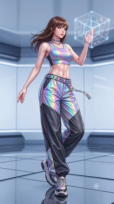 score_9, masterpiece, best quality, ultra-detailed, high-budget anime keyframe, semi-realistic 3D game render, editorial fashion photography, tasteful artistic composition, Korean woman. low angle full-body shot from head to toe showing her feet, fil