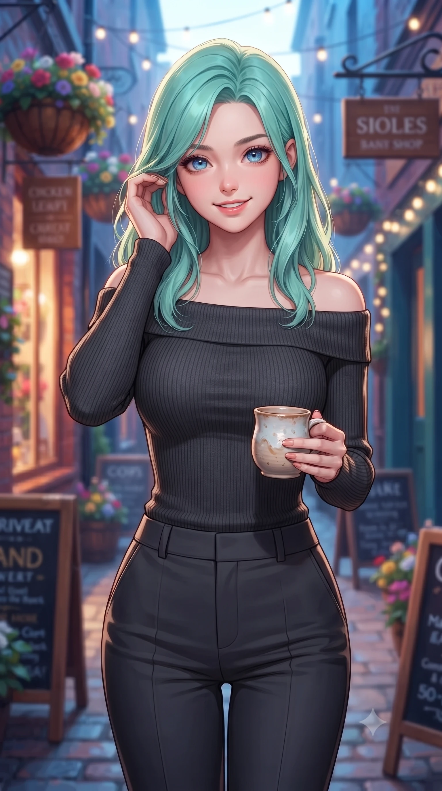 score_9, masterpiece, best quality, ultra-detailed, high-budget anime keyframe, editorial fashion photography, tasteful artistic composition, Japanese woman. close-up cowboy shot from the waist and thighs up, the character dominates the composition, filling the frame with her large presence, background elements kept in soft focus. smiling cutely while gently brushing a strand of hair behind her ear set against a soft-focus background of in a colorful alley decorated with hanging flower baskets and wooden signs holding a delicate handmade ceramic mug with a warm grin. She has an exceptionally elegant, slender, and willowy female figure with an ultra-slim waist, a gracefully sculpted slender torso, and a refined silhouette. sharp v-shaped jawline, high-bridge nose, intricate jewel-like eyes with depth, thick eyelashes, glossy lips with a natural sheen. wearing slim-fit body-hugging off-shoulder knit top in charcoal, paired with tailored slim pants. warm glow from the shop windows clashing with the cool blue alley shadows. ultra-reflective glossy finish, specular highlights, metallic sheen, high-contrast stereoscopic depth, volumetric dynamic lighting, 2k, ultra detail, master piece, 9:16 ratio