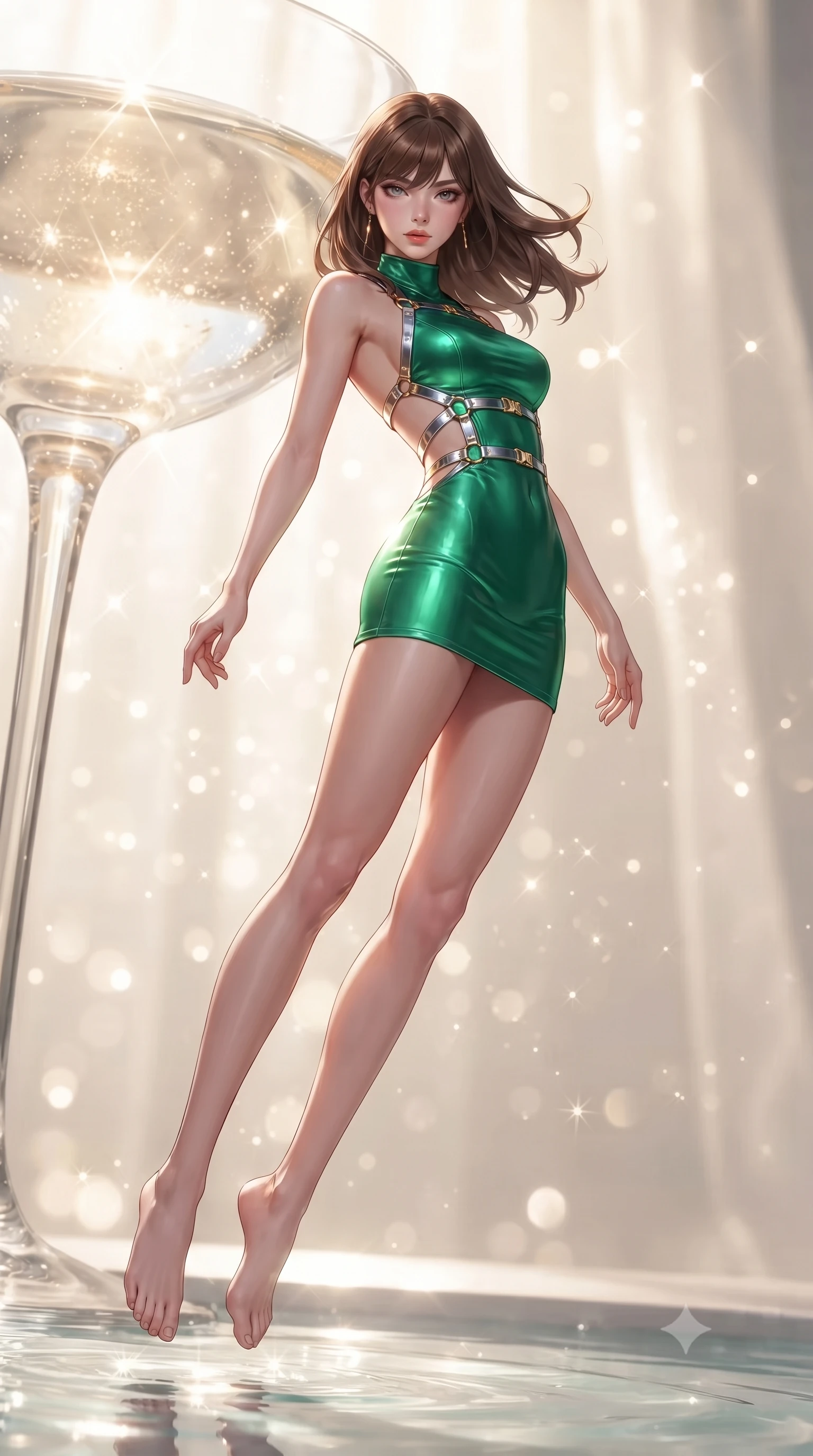 score_9, masterpiece, best quality, ultra-detailed, high-budget anime keyframe, editorial fashion photography, tasteful artistic composition, Korean woman. low angle full-body shot from head to toe showing her feet, filling the entire 9:16 vertical frame with her statuesque presence, stretching her vertical silhouette. performing an alluring mid-air vault with flawless poise, looking directly into the camera with smoldering intensity while arching her spine in a fluid motion beneath a soaring champagne glass canopy in radiant morning light. The composition keeps background elements in soft focus with creamy bokeh. sparkling sunlight water caustics creating a soft, luminous light curtain in the background. She has an absolutely perfect, statuesque 8.5-heads proportion, an exceptionally tall and slender model-like female figure with impossibly long slender legs, a toned flat midriff, and an ultra-slim waist. sharp v-shaped jawline, high-bridge nose, intricate jewel-like eyes with depth, thick eyelashes, glossy lips with a natural sheen, flawlessly proportioned anatomical accuracy, strict slender model proportions, natural body alignment, perfectly sculpted long slender limbs, ultra-slim waistline, clean dynamic posture without body distortion. wearing a second-skin fashion-latex mini dress with a clean architectural front, featuring an open-back design that wraps around the sides of her waist, showcasing her slender silhouette in bright emerald green satin and gold hardware, made of liquid metal jersey that clings flawlessly to every contour of her build, reinforced by a sleek metallic chrome harness and delicate glowing micro-straps, the precision-cut daring openings accentuating her delicate midriff, graceful bare collarbones, and ultra-slim feminine waistline. illuminated by clear directional key light with brilliant specular highlights on glass and water. ultra-reflective glossy finish, specular highlights, metallic sheen, high-contrast stereoscopic depth, volumetric dynamic lighting, 2k, ultra detail, master piece, 9:16 ratio