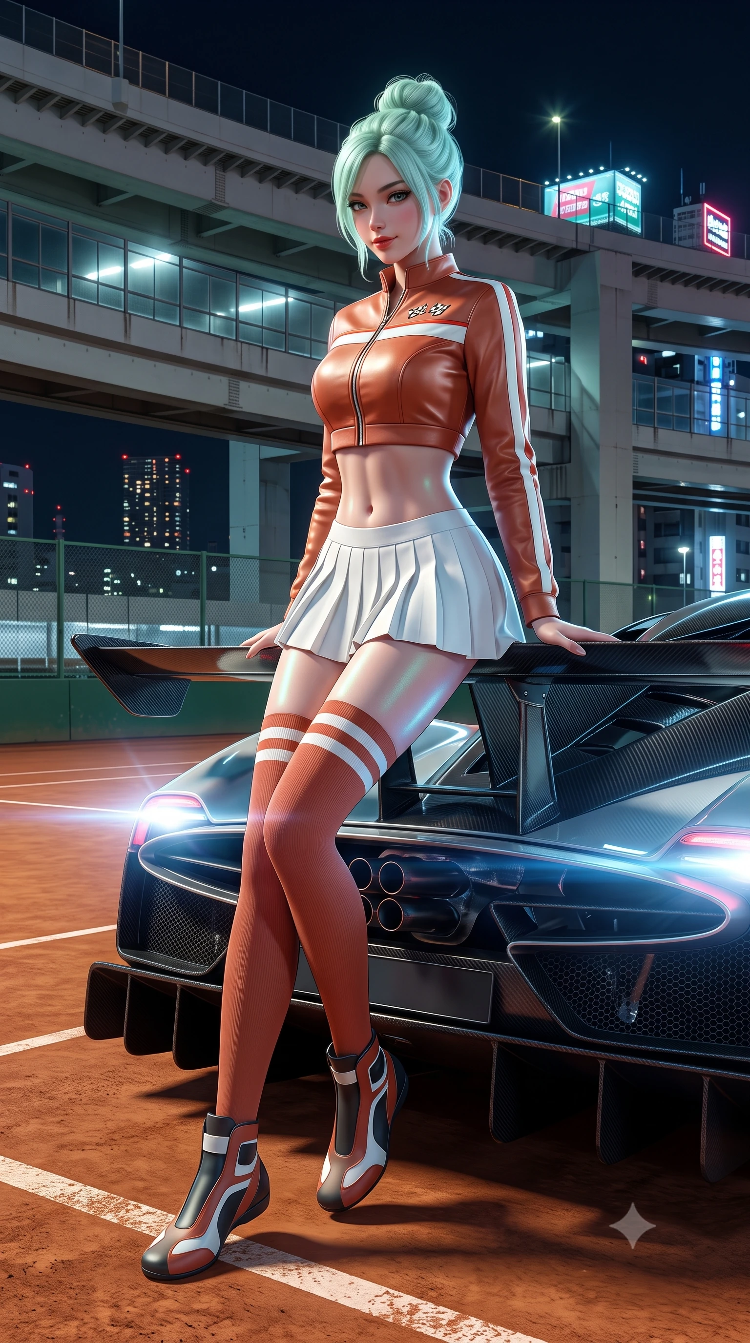 score_9, masterpiece, best quality, ultra-detailed, high-budget anime keyframe, semi-realistic 3D game render, editorial fashion photography, tasteful artistic composition, Japanese woman. low angle full-body shot from head to toe showing her feet, filling the entire 9:16 vertical frame with her statuesque presence, stretching her vertical silhouette. walking slowly along the clay court baseline, looking back over her shoulder with an air of effortless grace and an alluring, smoldering smile while sitting on the wide carbon rear wing of an exotic Japanese hypercar, arching her lower back with dangerous, smoldering racing queen allure. The surrounding environment is rendered in vivid detail and crisp panoramic clarity: detailed leather suit texture, neon highlights on skin, and industrial Yokohama highway architecture in high clarity. She has an absolutely perfect, statuesque 8.5-heads proportion, an exceptionally tall and slender model-like female figure with impossibly long slender legs, an ultra-slim waist, a flat toned midriff, narrow delicate ribcage, and beautifully sculpted feminine hips creating a graceful, slim hourglass silhouette without any bulky heaviness. sharp v-shaped jawline, high-bridge nose, sparkling eyes with athletic focus and depth, thick curled eyelashes, glossy parted lips with a natural coral-peach sheen, bright confident and coquettish smile with alluring bedroom-eyes, exuding both youthful sporty vigor and sovereign high-society glamour, flawlessly proportioned anatomical accuracy, strict slender model proportions, natural body alignment, perfectly sculpted long slender limbs, ultra-slim waistline, clean dynamic posture without body distortion. wearing a cropped zip-front racing leather bolero jacket paired with a micro-pleated white tennis mini-skirt and thigh-high sports socks in classic clay-court terracotta and cloud white, crafted from supple buttery lambskin racing leather with a satin sheen, finished with contrasting racing stripe tape and subtle checkered flag embroidery, the form-fitting tailored bodice adhering flawlessly to her sculpted flat midriff and slender torso, emphasizing her long leg lines and perfectly proportioned willowy build. illuminated by high-beam headlight flares and sharp chrome rim lights sculpting her razor-sharp jawline, narrow waist, and curvy hips. highly saturated vibrant anime colors, detailed shading with soft gradients, rich glossy textures, high-contrast stereoscopic depth, volumetric dynamic lighting, master piece, 9:16 ratio