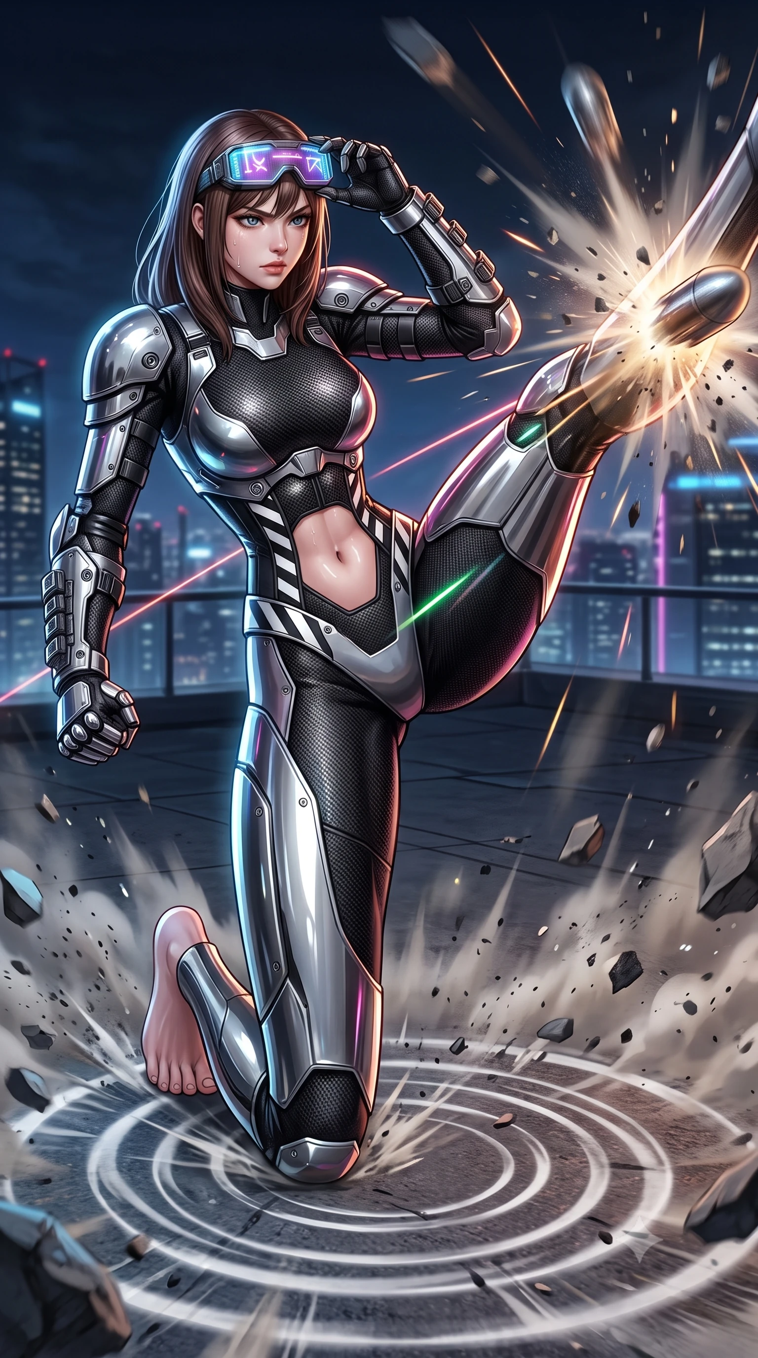 score_9, masterpiece, best quality, ultra-detailed, high-budget anime keyframe, semi-realistic 3D game render, editorial fashion photography, tasteful artistic composition, Korean woman. low angle full-body shot from head to toe showing her feet, filling the entire 9:16 vertical frame with her statuesque presence, stretching her vertical silhouette. landing gracefully from a high-altitude leap on one knee and palm, her statuesque silhouette framed by radial shockwave ripples in the ground while delivering a sweeping roundhouse kick that deflects an incoming kinetic projectile with thunderous impact. The surrounding environment is rendered in vivid detail and crisp panoramic clarity. intricate forearm vambrace buckles, sweat beads on collarbones, and glowing laser lines in high clarity. She has an absolutely perfect, statuesque 8.5-heads proportion, an exceptionally tall and slender model-like female figure with impossibly long slender legs, a toned flat midriff, and an ultra-slim waist. sharp v-shaped jawline, high-bridge nose, intricate jewel-like eyes with depth, thick eyelashes, glossy lips with a natural sheen, fierce and resolute heroine expression, flawlessly proportioned anatomical accuracy, strict slender model proportions, natural body alignment, perfectly sculpted long slender limbs, ultra-slim waistline, clean dynamic posture without body distortion. wearing high-tech holographic tactical goggles resting tipped up on her forehead, casting glowing neon runes across her brow without obscuring her features, paired with a statuesque high-fashion cyber-warrior armor suit with platinum bevels, heavy articulated shoulder guards, and an ultra-slim waist-cinching corset in storm-grey carbon mesh with high-contrast white hazard stripes, formed from high-gloss patent carbon-plating with specular dystopian chiaroscuro reflections, detailed with kinetic shock-dampening knuckle guards and polished chrome connection joints, the form-contouring material adhering flawlessly to her sculpted flat midriff and slender torso, emphasizing her long leg lines and perfectly proportioned willowy build. illuminated by crisp white key lighting with sharp specular highlights tracing her slender athletic build. rich saturated anime colors with glowing neon highlights, detailed shading with soft gradients, rich glossy textures, high-contrast stereoscopic depth, volumetric dynamic lighting, master piece, 9:16 ratio