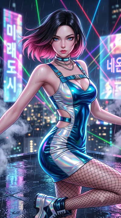 score_9, masterpiece, best quality, ultra-detailed, high-budget anime keyframe, semi-realistic 3D game render, editorial fashion photography, tasteful artistic composition, Korean woman. close-up cowboy shot from the waist and thighs up, the characte