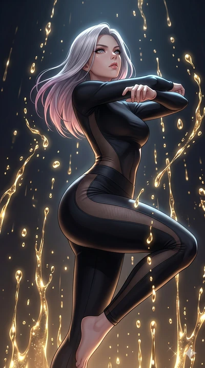 score_9, masterpiece, best quality, ultra-detailed, high-budget anime keyframe, Caucasian woman, strictly human ears. upper body close-up from the thighs up, character filling the screen for maximum presence. dodging ethereal liquid gold rain that ri