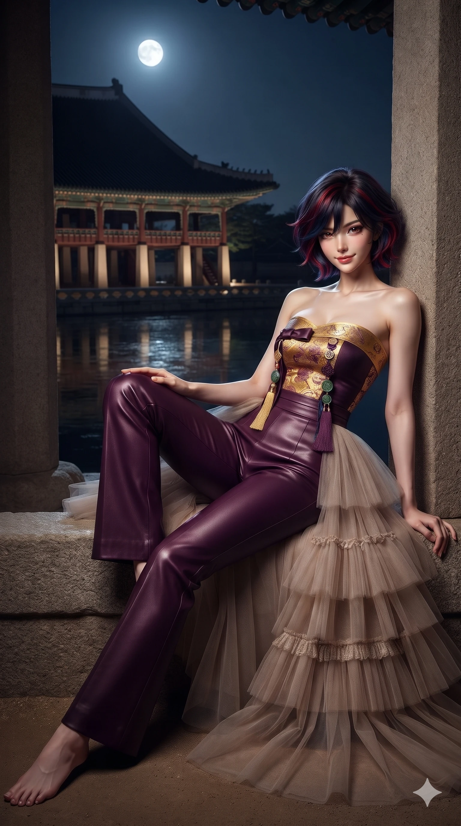 score_9, masterpiece, best quality, ultra-detailed, high-budget anime keyframe, editorial fashion photography, tasteful artistic composition, Korean woman. low angle full-body shot from head to toe showing her feet, filling the entire 9:16 vertical frame with her statuesque presence, stretching her vertical silhouette. reclining on her side in an elegant Cleopatra pose with one knee drawn up, the dramatic contour of her rounded hips and long slender legs commanding the 9:16 vertical frame while standing between monumental stone pavilion columns, arching her lower back to emphasize her curvy hips against the moonlit lake. The surrounding environment is rendered in vivid detail and crisp panoramic clarity: detailed tiered sheer tulle gown tailoring, corseted waist structure, and historic Korean palace craftsmanship in razor-sharp clarity. She has an absolutely perfect, statuesque 8.5-heads proportion, an exceptionally tall and slender model-like female figure with impossibly long slender legs, an ultra-slim waist, a flat toned midriff, narrow delicate ribcage, and beautifully sculpted feminine hips creating a graceful, slim hourglass silhouette without any bulky heaviness. sharp v-shaped jawline, high-bridge nose, sparkling eyes with hypnotic seductive depth, thick curled eyelashes, glossy parted lips with a natural dewy peach sheen, alluring bedroom-eyes with an enchanting coquettish smile, exuding magnetic siren charisma and sophisticated glamour, flawlessly proportioned anatomical accuracy, strict slender model proportions, natural body alignment, perfectly sculpted long slender limbs, ultra-slim waistline, clean dynamic posture without body distortion. wearing a modern strapless boned hanbok bustier with traditional norigae tassel accents paired with high-waisted wide-leg silk trousers in imperial gold and royal plum purple, made of supple butter-soft lambskin leather with a subtle satin sheen, finished with authentic carved jade pendants and traditional norigae knots, the glove-like clinging cut tightly following the natural contour of her hips and long slender legs with youthful 8.5-heads elegance. illuminated by lake water upward bounce and sharp silver-topaz rim lights defining her razor-sharp jawline, narrow waist, and curvy hips. ultra-reflective glossy finish, specular highlights, rich textural contrasts, high-contrast stereoscopic depth, volumetric dynamic lighting, 2k, ultra detail, master piece, 9:16 ratio