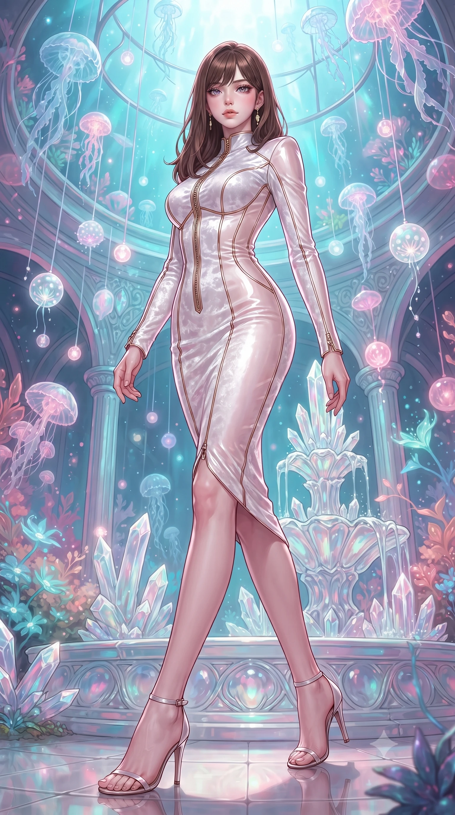 score_9, masterpiece, best quality, ultra-detailed, high-budget anime keyframe, editorial fashion photography, tasteful artistic composition, Korean woman. low angle full-body shot from head to toe showing her feet, filling the entire 9:16 vertical frame with her statuesque presence, stretching her vertical silhouette. navigating the celestial sanctuary with an effortless, graceful stride, resting near a hydro-flow crystal fountain surrounded by suspended opal bioluminescent orbs, soft opal bioluminescence filtering through delicate translucent tentacles. She has an absolutely perfect, statuesque 8.5-heads proportion, an exceptionally tall and slender model-like female figure with impossibly long slender legs and an ultra-slim waist. sharp v-shaped jawline, high-bridge nose, intricate jewel-like eyes with depth, thick eyelashes, glossy lips with a natural sheen. wearing sculpted form-fitting crushed white velvet column gown in soft blush pink, made of high-gloss liquid pearl vinyl, finished with metallic gold boning and sleek zipper points, highlighting her statuesque proportions and ultra-slim waistline. bathed in iridescent cyan and rose-pink light filtering through translucent jellyfish. highly saturated vibrant anime colors, detailed shading with soft gradients, rich glossy textures, high-contrast stereoscopic depth, volumetric dynamic lighting, master piece, 9:16 ratio