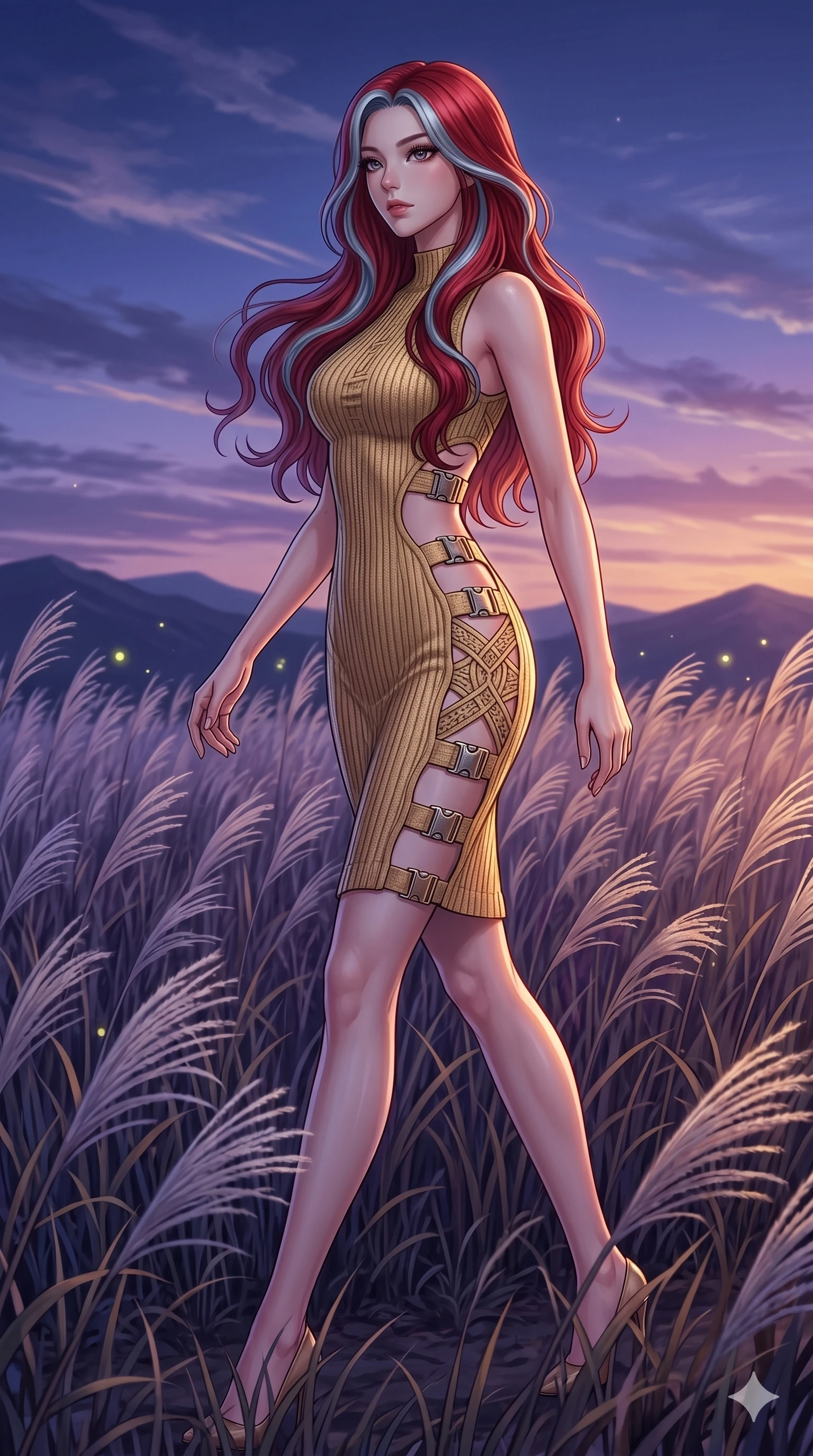 score_9, masterpiece, best quality, ultra-detailed, High-budget Anime Keyframe, East Asian woman. Dynamic full-body shot stretching the vertical silhouette to the limit. Scenario 218: Walking through a field of tall silver grass at twilight. Her presence is magnetic and overpowering in this high-budget anime scene. Outfit 218: A ribbed bodycon knit gold with a strategic side cut-outs and metallic buckles. The clothing is designed to emphasize her exceptionally tall and slender 8-heads proportion. 8-heads proportion, towering silhouette, ultra-slim waist. sharp v-shaped jawline, intricate jewel-like eyes with depth, thick eyelashes, glossy lips. 2k, ultra detail, master piece, 9:16 ratio