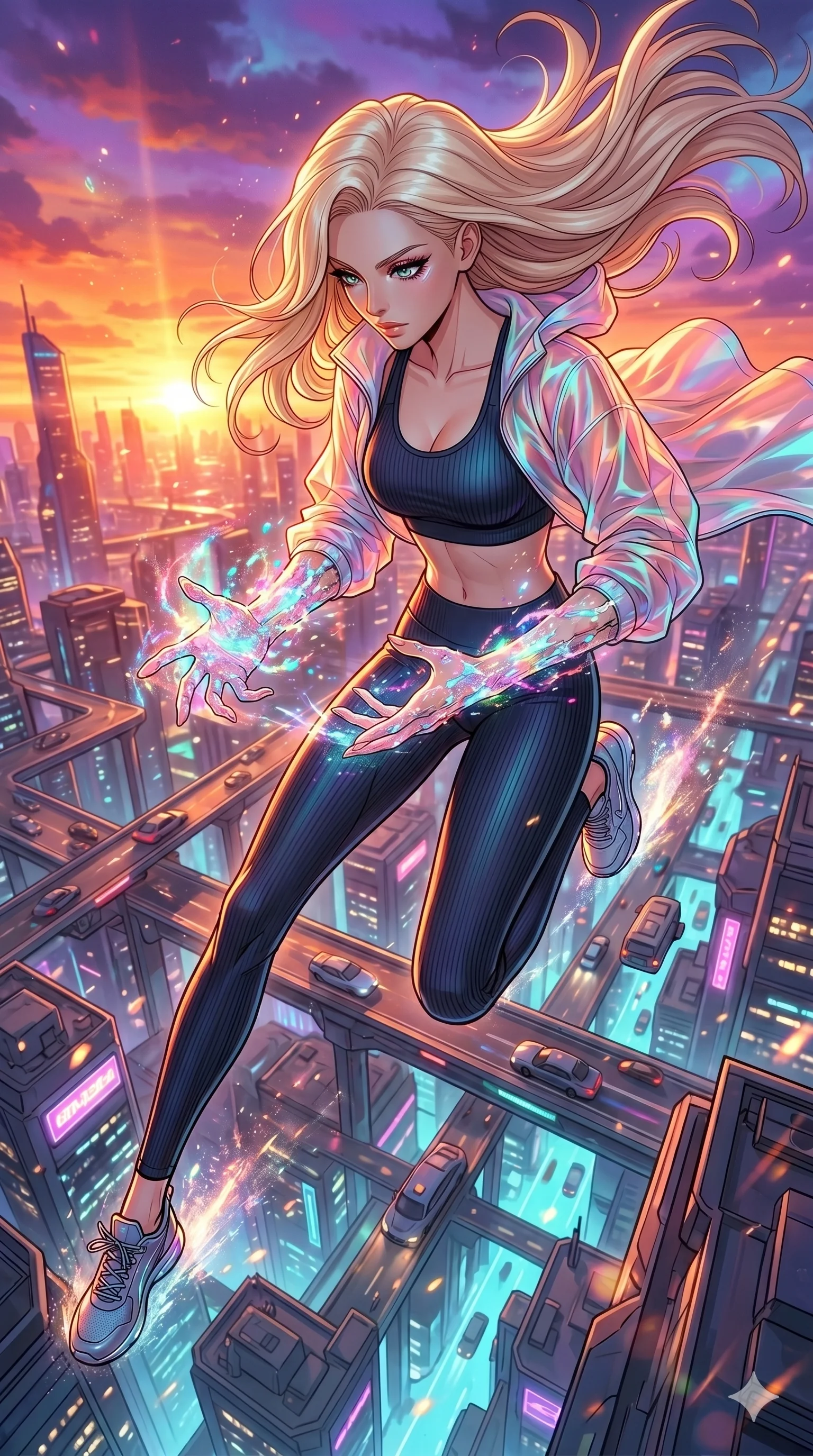 score_9, masterpiece, best quality, ultra-detailed, high-budget anime movie keyframe, cinematic anime lighting, intricate line art, Korean woman. Extreme high angle shot as she leaps towards the camera, filling the frame. looking at her own hands as they start to turn into light. She has an absolutely perfect 8-heads proportion, an exceptionally tall and slender female figure with an ultra-slim waist and impossibly long slender legs. strictly human anatomy, two legs only, no extra limbs, clearly defined legs and arms, perfect anatomy, perfect hands and fingers. sharp v-shaped jawline, high-bridge nose, intricate jewel-like eyes, thick eyelashes, glossy lips. Wearing Premium Athleisure: Ribbed sports bra and leggings set, sheer windbreaker, and sleek high-performance activewear. The scene is illuminated by dramatic atmospheric lighting and vibrant color palettes. , 2k, ultra detail, master piece, 9:16 ratio