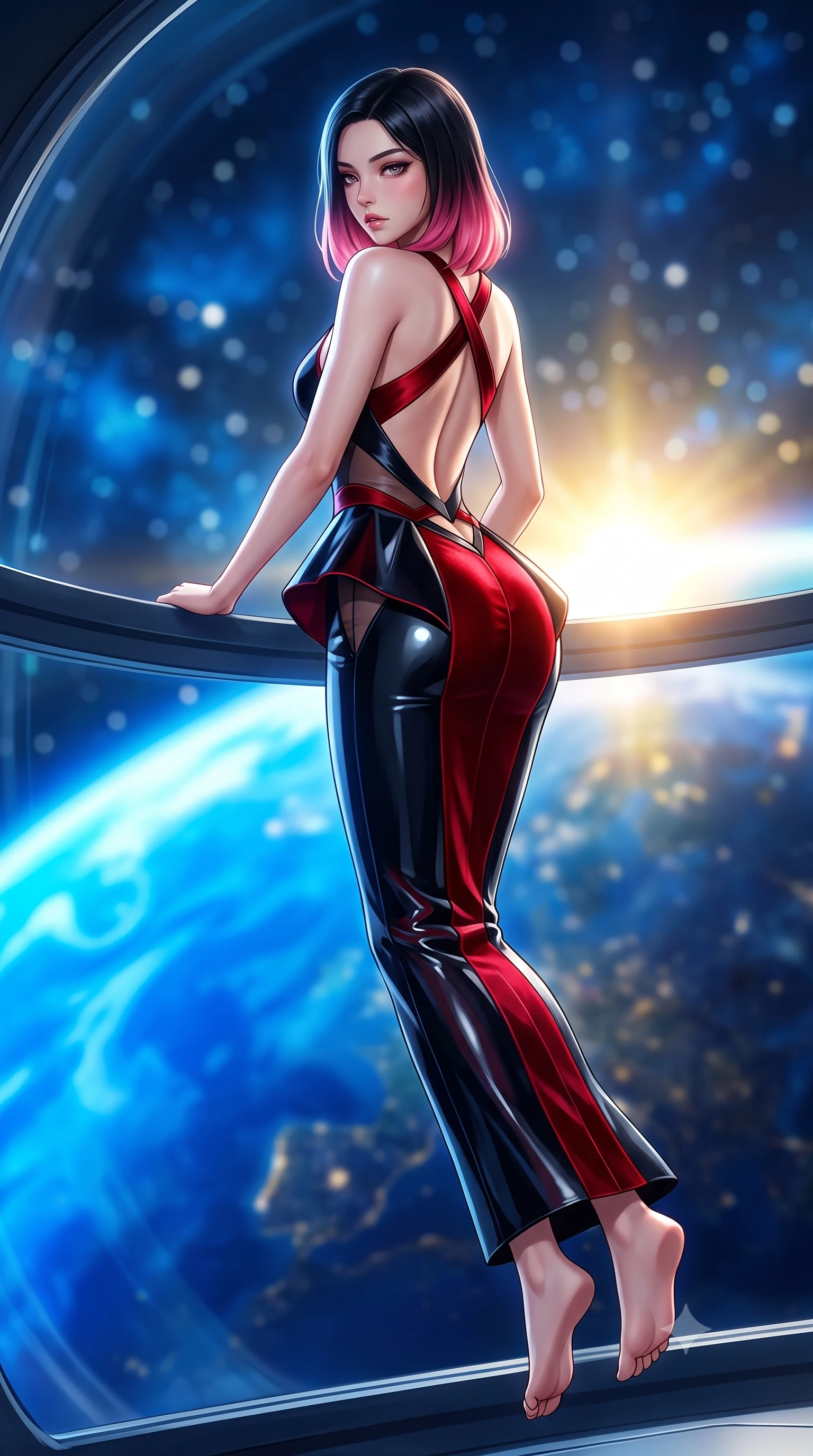 score_9, masterpiece, best quality, ultra-detailed, high-budget anime keyframe, semi-realistic 3D game render, editorial fashion photography, tasteful artistic composition, Korean woman. low angle full-body shot from head to toe showing her feet, filling the entire 9:16 vertical frame with her statuesque presence, stretching her vertical silhouette. posing with back turned slightly to the lens, glancing back with smoldering allure as she arches her lower back to emphasize her sculpted feminine hips and slender waist while leaning forward against the massive curved panoramic viewport overlooking the brilliant blue curve of Earth, hips cocked back in an intoxicating zero-gravity posture. The composition keeps background elements in soft focus with creamy bokeh. swirling blue Earth oceans and blinding orbital sunrise ribbons blurred into deep azure, liquid gold, and starlight diamond bokeh. She has an exceptionally tall and slender model-like 8.5-heads proportion, an ultra-slim waist, a flat toned midriff, narrow delicate ribcage, and beautifully sculpted feminine hips creating a graceful, slim hourglass silhouette without any bulky heaviness, with impossibly long slender legs. sharp v-shaped jawline, high-bridge nose, intricate jewel-like eyes with depth, thick eyelashes, glossy parted lips with a natural sheen, intensely captivating and seductive bedroom-eyes expression, flawlessly proportioned anatomical accuracy, strict slender model proportions, natural body alignment, perfectly sculpted long slender limbs, ultra-slim waistline, clean dynamic posture without body distortion. wearing a structural geometric peplum gown with sheer side-ribbon cutouts and form-fitting skirt in phantom obsidian black and blood-red velvet, tailored from second-skin aerodynamic stretch vinyl with specular wet sheen, finished with criss-cross back satin straps highlighting her graceful shoulder blades, the second-skin form-contouring cut accentuating her sculpted flat midriff, narrow delicate ribcage, and gracefully curvy hips with supermodel precision. surrounded by a celestial, sovereign, and breathlessly magnificent orbital empress aura. highly saturated vibrant anime colors, detailed shading with soft gradients, rich glossy textures, high-contrast stereoscopic depth, volumetric dynamic lighting, master piece, 9:16 ratio