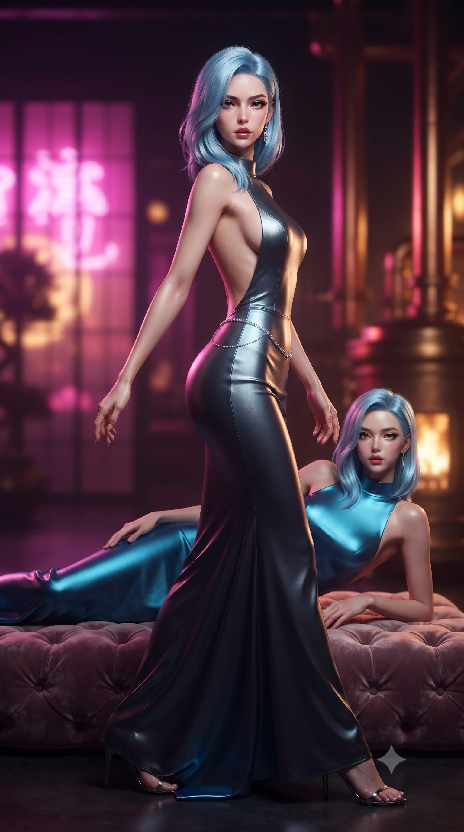 score_9, masterpiece, best quality, ultra-detailed, high-budget anime keyframe, editorial fashion photography, tasteful artistic composition, Korean woman. low angle full-body shot from head to toe showing her feet, filling the entire 9:16 vertical frame with her statuesque presence, stretching her vertical silhouette. striding forward in a proud supermodel runway stride, hips swaying in an alluring kinetic rhythm that accentuates her curvy hourglass silhouette while reclining languidly on a tufted velvet floor cushion propped on one elbow, her slender waist and curved hips highlighted by neon pink and amber chiaroscuro. The composition keeps background elements in soft focus with creamy bokeh. intricate glowing neon shoji screens and polished copper steam pipes blurred into hot magenta, cyber-gold, and plum bokeh. She has an exceptionally tall and slender model-like 8.5-heads proportion, an ultra-slim waist, a flat toned midriff, narrow delicate ribcage, and beautifully sculpted feminine hips creating a graceful, slim hourglass silhouette without any bulky heaviness, with impossibly long slender legs. sharp v-shaped jawline, high-bridge nose, intricate jewel-like eyes with depth, thick eyelashes, glossy parted lips with a natural sheen, intensely captivating and seductive bedroom-eyes expression, flawlessly proportioned anatomical accuracy, strict slender model proportions, natural body alignment, perfectly sculpted long slender limbs, ultra-slim waistline, clean dynamic posture without body distortion. wearing a liquid-silk jersey evening gown with an ultra-deep plunging open back descending to the base of her spine and a sculpted hip-hugging skirt in metallic gunmetal and electric azure, tailored from ultra-smooth duchess satin with a pearlescent sheen, accented with a dainty diamond waist chain catching the ambient light reflections, the dramatically scooped open back descending to the base of her spine, accentuating her razor-sharp statuesque lines and slim hourglass silhouette. bathed in vibrant magenta neon backlighting contrasting with warm amber brass furnace glow. ultra-reflective glossy finish, specular highlights, rich textural contrasts, high-contrast stereoscopic depth, volumetric dynamic lighting, 2k, ultra detail, master piece, 9:16 ratio