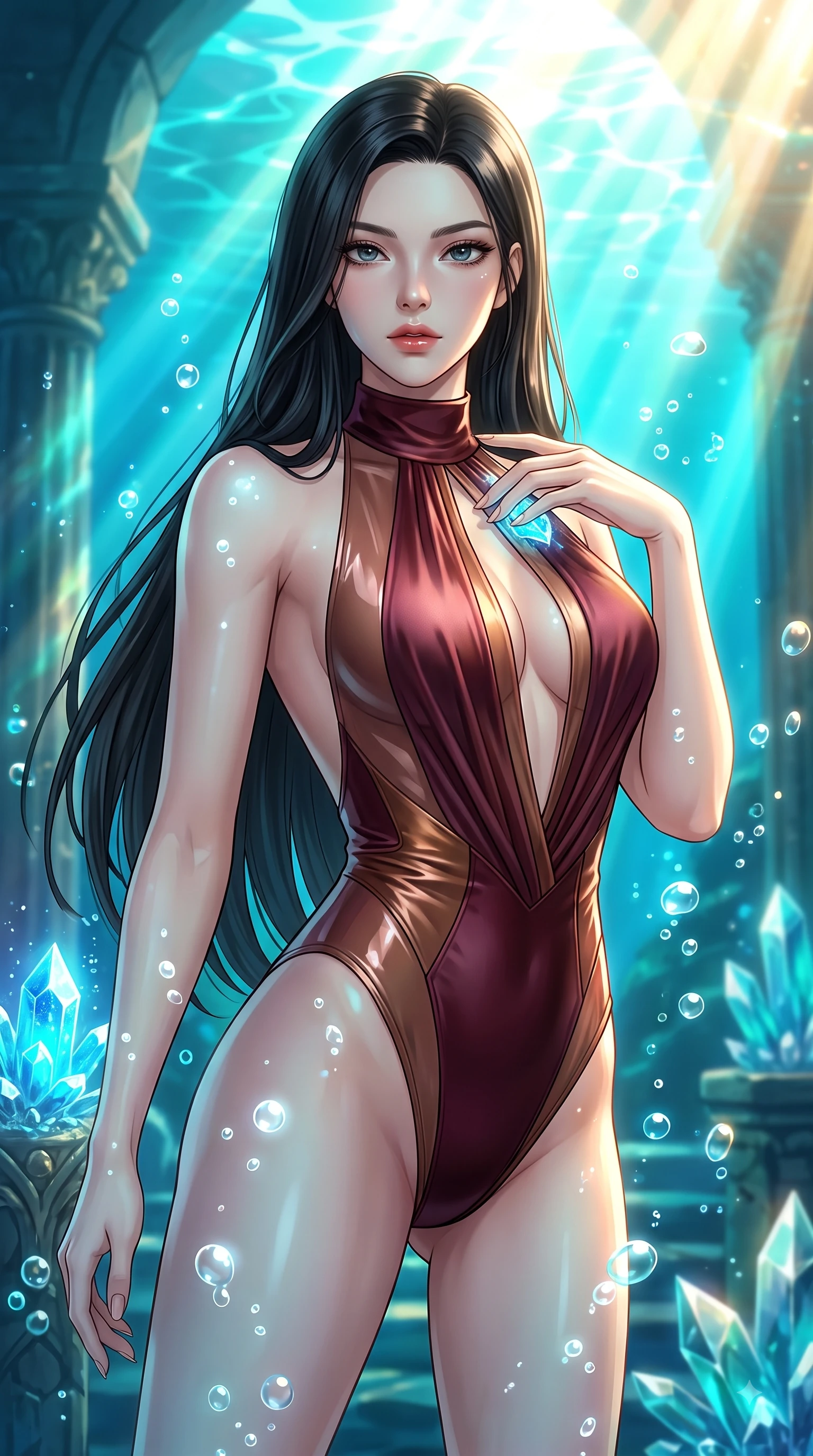 score_9, masterpiece, best quality, ultra-detailed, high-budget anime keyframe, editorial fashion photography, tasteful artistic composition, Korean woman. close-up cowboy shot from the waist and thighs up, the character dominates the composition, filling the frame with her large presence, background elements kept in soft focus. Pivoting her torso in an alluring S-curve alignment, one hand gently tracing her collarbone with poise while touching a bioluminescent sea crystal in a sun-drenched underwater cathedral with effortless poise, rising bioluminescent bubbles casting soft pearl-like highlights on her athletic build. She has an exceptionally elegant, slender, and willowy female figure with an ultra-slim waist, a gracefully sculpted slender torso, and a refined silhouette. sharp v-shaped jawline, high-bridge nose, intricate jewel-like eyes with depth, thick eyelashes, glossy lips with a natural sheen, flawlessly proportioned anatomical accuracy, natural body alignment, perfectly sculpted elegant limbs, clean dynamic posture without body distortion. wearing a high-cut translucent vinyl leotard with front paneling and open back in deep burgundy and bronze, crafted from lustrous satin jersey with fluid draping, accented with a Tasteful chest slit framing her clavicle gracefully, the tailored fabric tightly following every curve of her athletic build. bathed in brilliant underwater sunbeams and soft turquoise caustic glow. highly saturated vibrant anime colors, detailed shading with soft gradients, rich glossy textures, high-contrast stereoscopic depth, volumetric dynamic lighting, master piece, 9:16 ratio