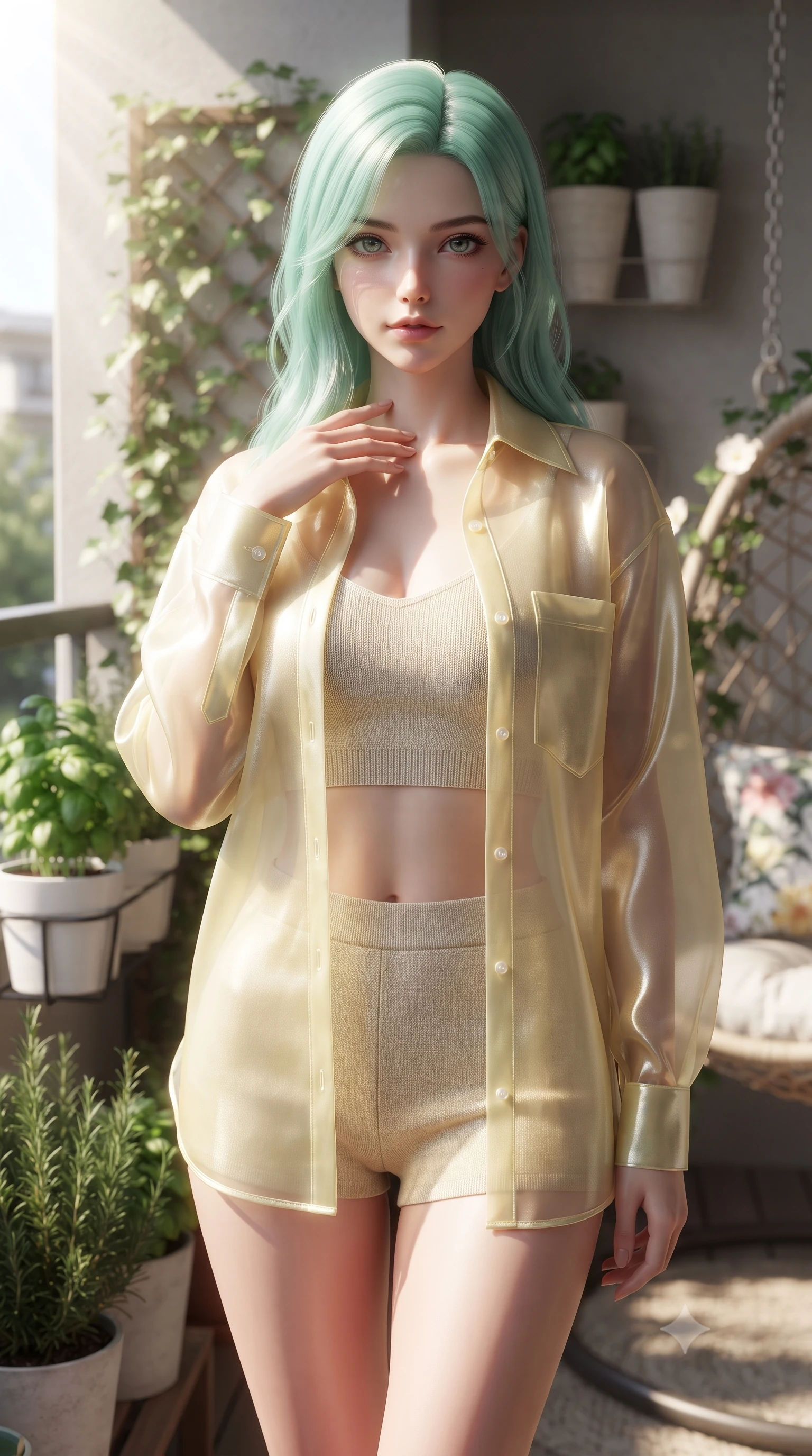score_9, masterpiece, best quality, ultra-detailed, high-budget anime keyframe, editorial fashion photography, tasteful artistic composition, Japanese woman woman. close-up cowboy shot from the waist and thighs up, the character dominates the composition, filling the frame with her large presence, background elements kept in soft focus. standing with one hand resting on her collarbone, looking at the viewer with bedroom-eyes the background shows a soft-focus a residential balcony decorated with potted herbs, climbing ivy, and a flower swing chair. She has an exceptionally elegant, slender, and willowy female figure with an ultra-slim waist, a gracefully sculpted slender torso, and a refined silhouette. sharp v-shaped jawline, high-bridge nose, intricate jewel-like eyes with depth, thick eyelashes, glossy lips with a natural sheen. wearing a body-hugging sheer organza shirt in pale yellow worn open over a knit crop top and micro-shorts. bright morning sun rays creating a fresh and energetic mood. ultra-reflective glossy finish, specular highlights, metallic sheen, high-contrast stereoscopic depth, volumetric dynamic lighting, 2k, ultra detail, master piece, 9:16 ratio