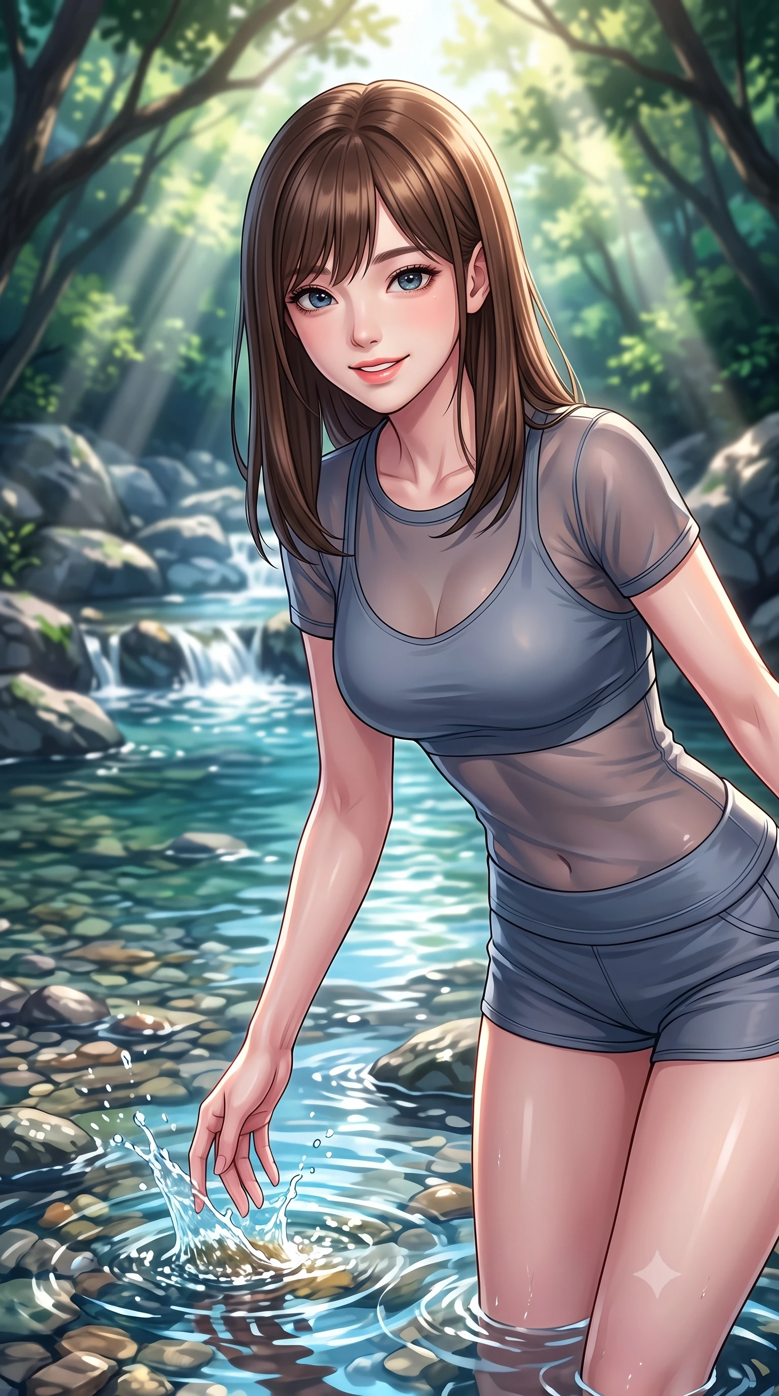 score_9, masterpiece, best quality, ultra-detailed, high-budget anime keyframe, editorial fashion photography, tasteful artistic composition, Korean woman. close-up cowboy shot from the waist and thighs up, the character dominates the composition, filling the frame with her large presence, background elements kept in soft focus. gazing at the camera with a warm, lovely smile and cute, friendly eye contact set against a soft-focus background of next to a rocky creek with clear mountain water running over pebbles dipping her fingertips into the cool water with a playful, cute splash. She has an exceptionally elegant, slender, and willowy female figure with an ultra-slim waist, a gracefully sculpted slender torso, and a refined silhouette. sharp v-shaped jawline, high-bridge nose, intricate jewel-like eyes with depth, thick eyelashes, glossy lips with a natural sheen. wearing slim-fit sheer mesh athletic top in slate grey, worn over a slim-fit sports bralette and shorts. volumetric sunbeams creating beautiful light shafts through the tree branches. highly saturated vibrant anime colors, detailed shading with soft gradients, rich glossy textures, high-contrast stereoscopic depth, volumetric dynamic lighting, master piece, 9:16 ratio