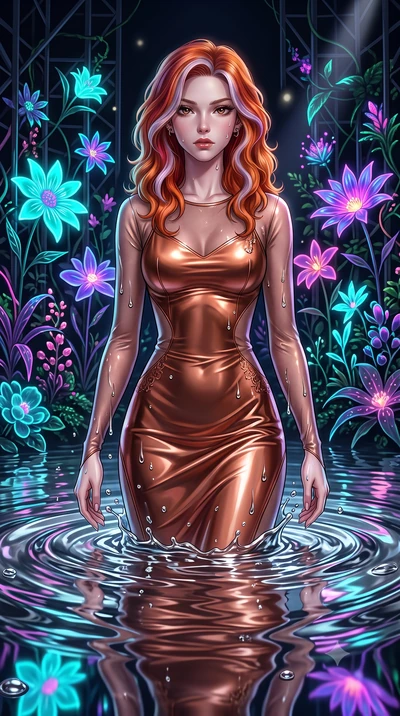 score_9, masterpiece, best quality, ultra-detailed, High-budget Anime Keyframe, Caucasian woman, strictly human ears. Low angle cowboy shot filling the entire 9:16 frame with her statuesque presence. Scenario 483: rising from a pool of mercury-like l
