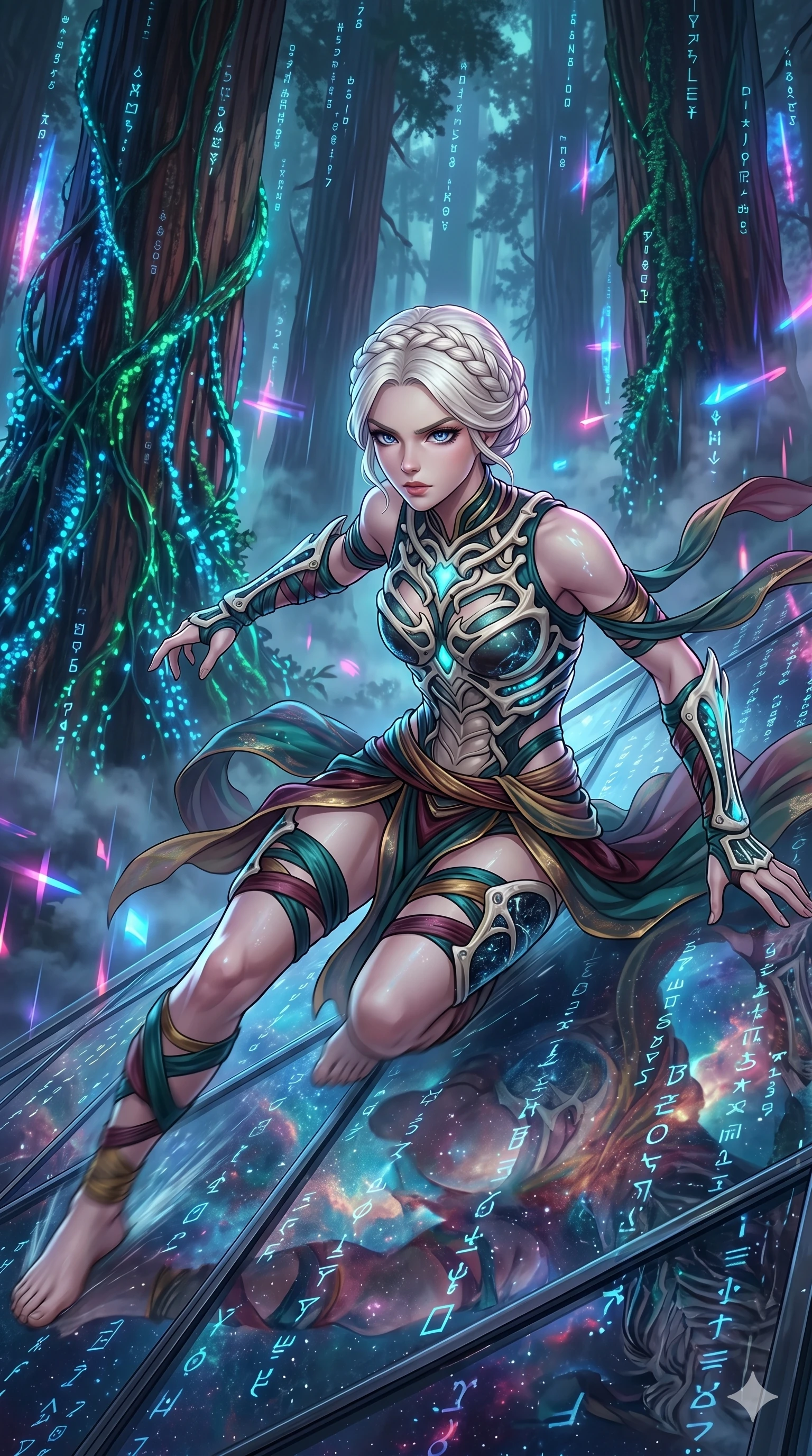 score_9, masterpiece, best quality, ultra-detailed, Set A: High-budget Anime Keyframe, Japanese woman. Upper body close-up from the thighs up, character filling the screen for maximum presence. Theme: Abstract Cosmic. sliding down a glass skyscraper in a giant redwood forest with glowing vines, as a digital rain of 57 symbols washes over her. The atmosphere is filled with heavy smog with neon flares. She has an absolutely perfect 8-heads proportion, an exceptionally tall and slender female figure with impossibly long slender legs and an ultra-slim waist. Sharp v-shaped jawline, high-bridge nose, intricate jewel-like eyes with depth, glossy lips. Wearing Primal jungle-warrior outfit with bioluminescent bone-armor and sheer silk wraps. Cinematic lighting, vivid colors, dramatic shadows, 2k, ultra detail, master piece, 9:16 ratio