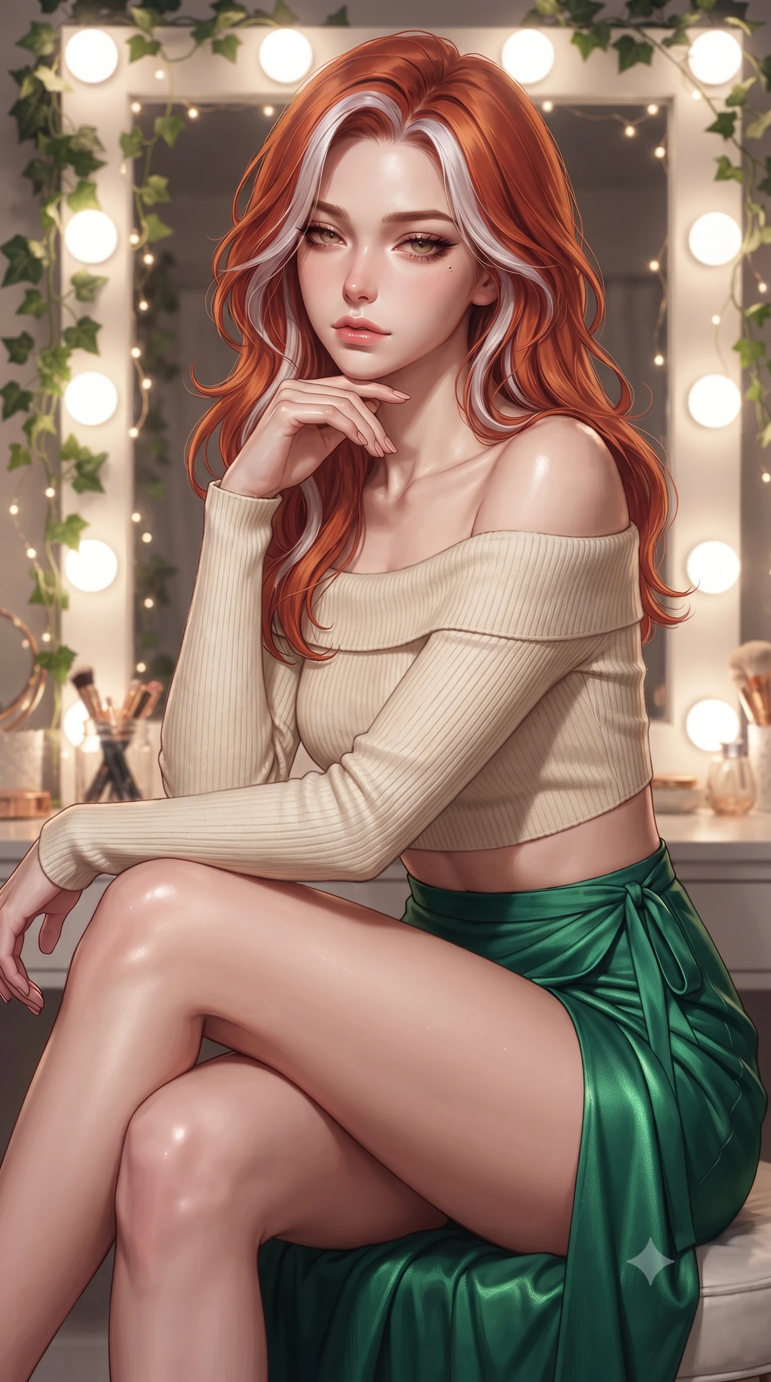 score_9, masterpiece, best quality, ultra-detailed, high-budget anime keyframe, editorial fashion photography, tasteful artistic composition, Caucasian woman. close-up cowboy shot from the waist and thighs up, the character dominates the composition, filling the frame with her large presence, background elements kept in soft focus. resting her chin on the backs of her fingers, casting a heavy-lidded, sultry look past the camera the background shows a soft-focus a vintage vanity mirror corner decorated with climbing ivy and fairy lights. She has an exceptionally elegant, slender, and willowy female figure with an ultra-slim waist, a gracefully sculpted slender torso, and a refined silhouette. sharp v-shaped jawline, high-bridge nose, intricate jewel-like eyes with depth, thick eyelashes, glossy lips with a natural sheen. wearing a form-contouring cropped off-shoulder knit top in cream paired with a high-slit wrap skirt in emerald green. bright vanity spotlights casting detailed front lighting with soft back shadow. ultra-reflective glossy finish, specular highlights, metallic sheen, high-contrast stereoscopic depth, volumetric dynamic lighting, 2k, ultra detail, master piece, 9:16 ratio