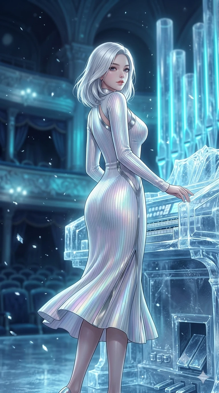 score_9, masterpiece, best quality, ultra-detailed, high-budget anime keyframe, semi-realistic 3D game render, editorial fashion photography, tasteful artistic composition, Korean woman. low angle full-body shot from head to toe showing her feet, filling the entire 9:16 vertical frame with her statuesque presence, stretching her vertical silhouette. executing a slow, graceful pivot turn as her skirt sways around her slender legs, glancing back with an enchanting, teasing sensual expression while leaning against the crystalline ice organ console with hips cocked back, gazing out across the frost-dusted auditorium with smoldering bedroom-eyes. The background shows a soft-focus towering translucent ice organ pipes glowing with pulsing cyan neon, fluttering silver specular ice crystals, and velvet opera stalls blurred into cyan, silver, and indigo bokeh. She has an exceptionally tall and slender model-like 8.5-heads proportion, an ultra-slim waist, a flat toned midriff, narrow delicate ribcage, and beautifully sculpted feminine hips creating a graceful, slim hourglass silhouette without any bulky heaviness, with impossibly long slender legs. sharp v-shaped jawline, high-bridge nose, intricate jewel-like sparkling eyes with depth, thick eyelashes, glossy parted lips with a natural peach sheen, bright cheerful beaming smile with an enchanting and coquettish sensual glint, exuding both youthful cute charm and seductive allure, flawlessly proportioned anatomical accuracy, strict slender model proportions, natural body alignment, perfectly sculpted long slender limbs, ultra-slim waistline, clean dynamic posture without body distortion. wearing an ultra-sleek form-fitting ribbed knit midi dress with elegant collar cutouts contouring her feminine hourglass silhouette in iridescent mother-of-pearl and liquid molten silver, woven from buttery-soft stretch lambskin leather adhering to her body like a second skin, finished with sleek magnetic buckle closures fluttering in the breeze, the impeccably tailored cut draping gracefully along her slender figure with aristocratic poise. bathed in high-contrast cyan neon aria pulses contrasted with deep velvety indigo stage shadows. highly saturated vibrant anime colors, detailed shading with soft gradients, rich glossy textures, high-contrast stereoscopic depth, volumetric dynamic lighting, master piece, 9:16 ratio