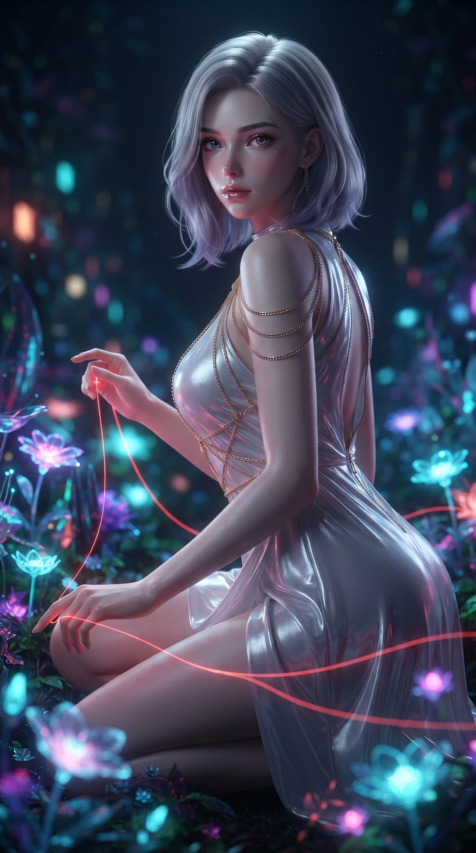 score_9, masterpiece, best quality, ultra-detailed, High-budget Anime Keyframe, editorial fashion photography, tasteful artistic composition, realistic cosplay photography, Caucasian woman, strictly human ears. Low angle cowboy shot filling the entire 9:16 frame with her statuesque presence. Scenario 369: tracing a glowing red thread of fate with her fingers in a virtual garden where neon flowers bloom in the dark. Her presence is magnetic and overpowering in this high-budget cinematic scene. Outfit 369: a form-contouring shimmering chiffon liquid with a unzipped detail and fine gold chains. The clothing is designed to emphasize her exceptionally tall and slender 8-heads proportion. 8-heads proportion, towering silhouette, ultra-slim waist. sharp v-shaped jawline, intricate jewel-like eyes with depth, thick eyelashes, glossy lips. ultra-reflective glossy finish, specular highlights, metallic sheen, high-contrast stereoscopic depth, volumetric dynamic lighting, 2k, ultra detail, master piece, 9:16 ratio