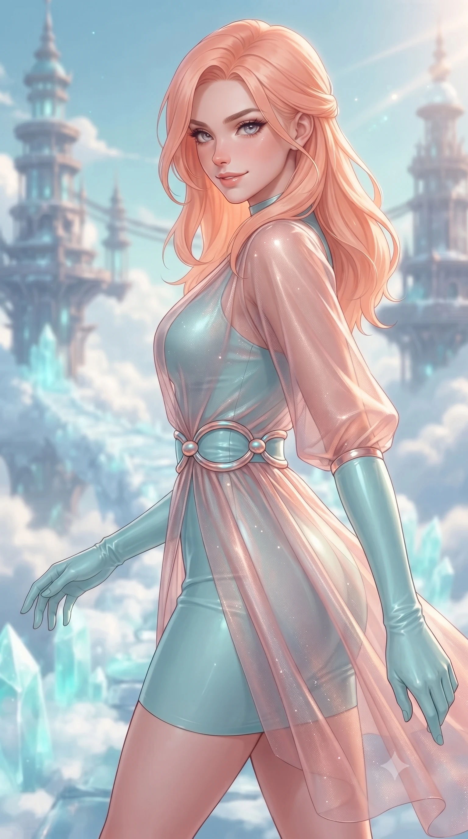 score_9, masterpiece, best quality, ultra-detailed, high-budget anime keyframe, editorial fashion photography, tasteful artistic composition, Japanese woman. close-up cowboy shot from the waist and thighs up, the character dominates the composition, filling the frame with her large presence, background elements kept in soft focus. Glancing sidelong over her shoulder with a smoldering half-smile, stepping along a crystalline cloud bridge connecting two sky towers, gentle inner lightning within cloud walls emitting soft turquoise glow. She has an exceptionally elegant, slender, and willowy female figure with an ultra-slim waist, a gracefully sculpted slender torso, and a refined silhouette. sharp v-shaped jawline, high-bridge nose, intricate jewel-like eyes with depth, thick eyelashes, glossy lips with a natural sheen. wearing glove-like fit pale turquoise latex bodycon mini dress in rose-gold pink, made of sheer opal chiffon overlay, accented with sculpted opal chrome rings at the waist, following her slender form with tailored precision. illuminated by soft internal cloud lightning and golden sunbursts. ultra-reflective glossy finish, specular highlights, metallic sheen, high-contrast stereoscopic depth, volumetric dynamic lighting, 2k, ultra detail, master piece, 9:16 ratio