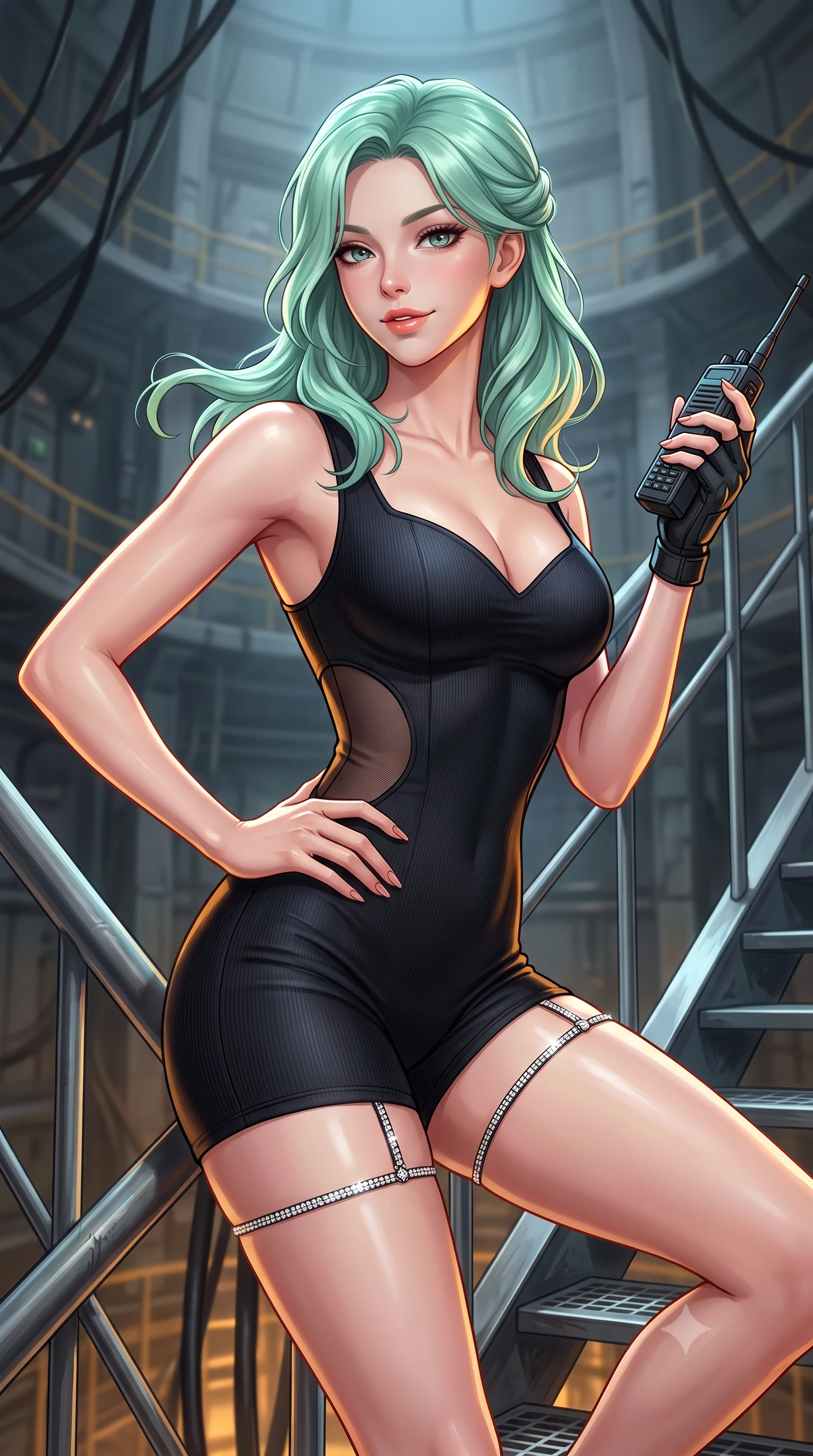 score_9, masterpiece, best quality, ultra-detailed, high-budget anime keyframe, semi-realistic 3D game render, editorial fashion photography, tasteful artistic composition, Japanese woman. close-up cowboy shot from the waist and thighs up, the character dominates the composition, filling the frame with her large presence. twisting her slender torso in an alluring contrapposto stance, one hand resting on her sculpted hip while her fingers toy with her hair with effortless poise while perched sideways on the steel stairway railing with one leg extended, holding a tactical radio with dangerous coquettish cool. The background shows a soft-focus deep silo shaft depths softened in industrial sci-fi shallow focus. She has an exceptionally elegant, slender, and willowy female figure with an ultra-slim waist, flat toned midriff, narrow ribcage, and sculpted feminine hips creating an alluring, slim hourglass silhouette without bulk. sharp v-shaped jawline, high-bridge nose, sparkling eyes with hypnotic seductive depth, thick curled eyelashes, glossy parted lips with a natural dewy peach sheen, alluring bedroom-eyes with an enchanting coquettish smile, exuding magnetic siren charisma and sophisticated glamour, flawlessly proportioned anatomical accuracy, strict slender model proportions, natural body alignment, perfectly sculpted long slender limbs, ultra-slim waistline, clean dynamic posture without body distortion. wearing a deep sweetheart-neckline matte-carbon bodycon romper with sheer side-torso cutouts accentuating her hourglass curves in high-contrast monochrome black and optic white, tailored from fine ribbed modal knit with gentle elastic contouring and soft hand-feel, finished with delicate crystal-encrusted thigh garter straps glinting under the lights, the glove-like clinging cut tightly following the natural contour of her hips and long slender legs with youthful 8.5-heads elegance. illuminated by steel grating reflection fill and sharp amber-gold rim lighting defining her jawline, ultra-slim waist, and curvy hips. highly saturated vibrant anime colors, detailed shading with soft gradients, rich glossy textures, high-contrast stereoscopic depth, volumetric dynamic lighting, master piece, 9:16 ratio