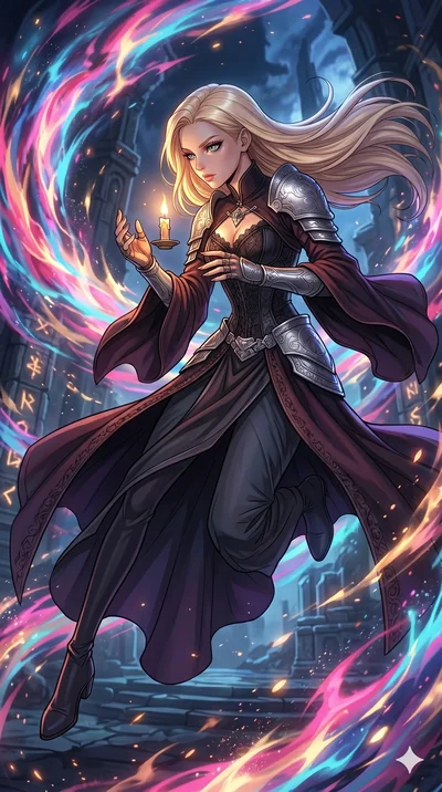 score_9, masterpiece, best quality, ultra-detailed, high-budget anime movie keyframe, cinematic anime lighting, intricate line art, Korean woman. Mid-air action shot capturing a graceful twist and vertical silhouette. shielding a flickering candle fr