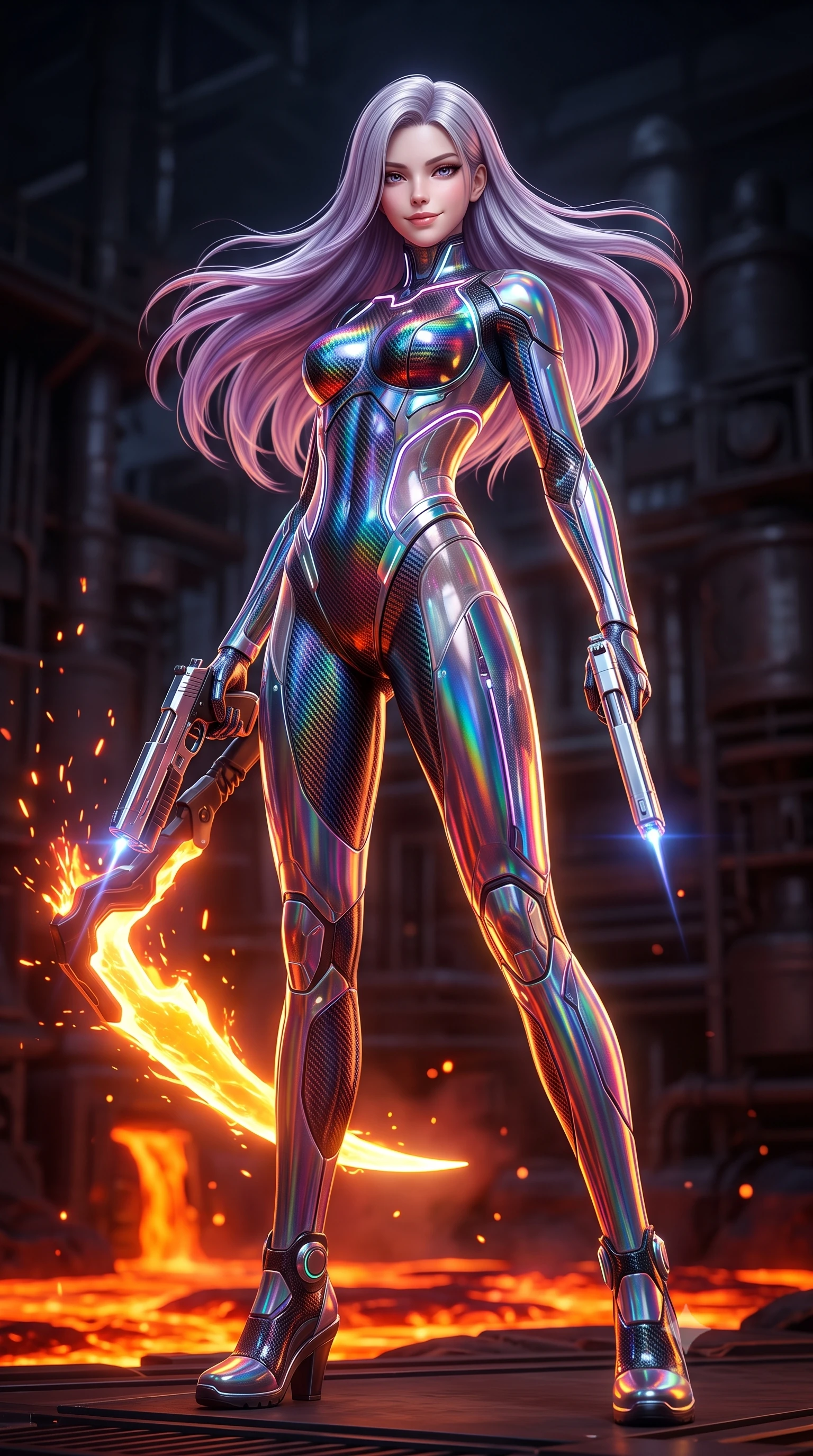 score_9, masterpiece, best quality, ultra-detailed, high-budget anime keyframe, semi-realistic 3D game render, editorial fashion photography, tasteful artistic composition, Caucasian woman. low angle full-body shot from head to toe showing her feet, filling the entire 9:16 vertical frame with her statuesque presence, stretching her vertical silhouette. arching her spine in a fluid zero-gravity combat turn with sovereign grace, her long slender legs and sculpted torso creating a sweeping line of power while resting the long scythe haft against her shoulder with an alluring, dangerous smile looking directly into the camera. The composition keeps background elements in soft focus with creamy bokeh. blazing plasma sparks and heat haze scattering glowing light motes across a dark industrial backdrop. She has an absolutely perfect, statuesque 8.5-heads proportion, an exceptionally tall and slender model-like female figure with impossibly long slender legs, a toned flat midriff, and an ultra-slim waist. sharp v-shaped jawline, high-bridge nose, intricate jewel-like eyes with depth, thick eyelashes, glossy lips with a natural sheen, flawlessly proportioned anatomical accuracy, strict slender model proportions, natural body alignment, perfectly sculpted long slender limbs, ultra-slim waistline, clean dynamic posture without body distortion. wearing a high-gloss iridescent rainbow carbon-weave bodysuit with translucent cybernetic panels, brandishing dual sleek chrome particle beam pistols in a dynamic combat stance in glacial ice-cyan carbon mesh with pure white armor plates, formed from high-gloss patent carbon-plating with specular chiaroscuro reflections, accented with glowing fiber-optic conduits tracing her collarbones and hip curves, the sleek second-skin cut tightly hugging her graceful clavicle, narrow waist, and feminine curves with athletic precision. bathed in blazing orange magma uplights and intense molten plasma scythe glow. rich saturated anime colors with glowing neon highlights, detailed shading with soft gradients, rich glossy textures, high-contrast stereoscopic depth, volumetric dynamic lighting, master piece, 9:16 ratio