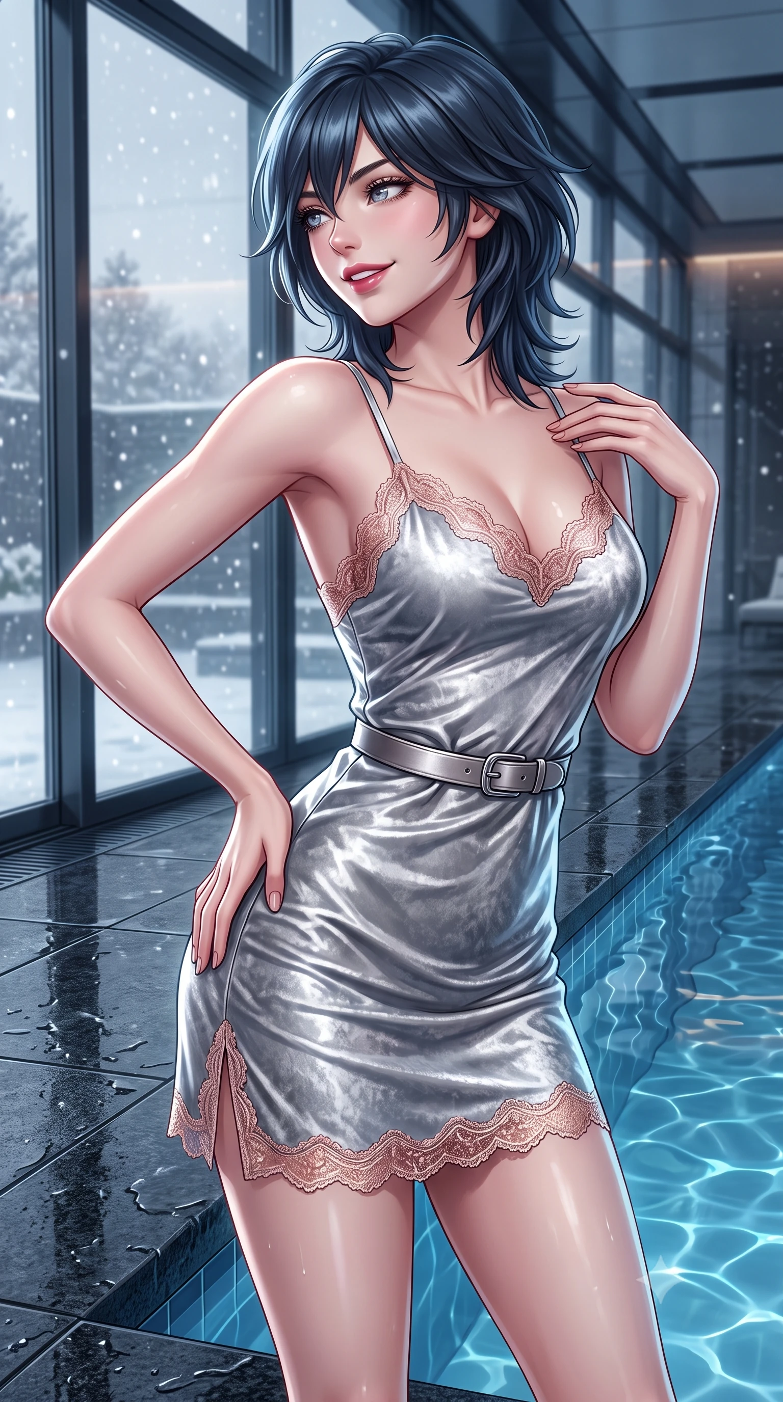 score_9, masterpiece, best quality, ultra-detailed, high-budget anime keyframe, semi-realistic 3D game render, editorial fashion photography, tasteful artistic composition, Caucasian woman. close-up cowboy shot from the waist and thighs up, the character dominates the composition, filling the frame with her large presence. tilting her head with a cute beaming smile while arching her spine with effortless dancer poise, one hand sliding along her hip line in a flirtatious S-curve while standing poised on the dark granite pool deck with hips cocked back, looking over a bare shoulder toward snow gently falling outside the glass. The surrounding environment is rendered in vivid detail and crisp panoramic clarity. sharp dark basalt stone tile joints, architectural glass reflections, and calm lap pool water surface tension in deep focus. She has an exceptionally elegant, slender, and willowy female figure with an ultra-slim waist, flat toned midriff, narrow ribcage, and sculpted feminine hips creating an alluring, slim hourglass silhouette without bulk. sharp v-shaped jawline, high-bridge nose, sparkling ice-crystal eyes with depth, frosty thick lashes, glossy parted lips with a rosy berry sheen, bright playful smile with an intoxicating seductive glint, rosy flushed cheeks radiating cozy warmth and dangerous allure, flawlessly proportioned anatomical accuracy, strict slender model proportions, natural body alignment, perfectly sculpted long slender limbs, ultra-slim waistline, clean dynamic posture without body distortion. wearing a strappy silver silk slip dress with delicate lace scallop edging along the neckline and hem in soft blush pink and rose-gold metallic shimmer, crafted from sumptuous crushed winter velvet with deep light-absorbing plushness, accented with a sleek leather belt with polished silver buckle cinching her narrow waist, the form-contouring cut accentuating her sculpted flat midriff, narrow delicate ribcage, and gracefully curvy hips with alpine supermodel elegance. illuminated by pool caustic reflections and sharp platinum rim lights carving her razor-sharp jawline, narrow waist, and curvy hips. highly saturated vibrant anime colors, detailed shading with soft gradients, rich glossy textures, high-contrast stereoscopic depth, volumetric dynamic lighting, master piece, 9:16 ratio