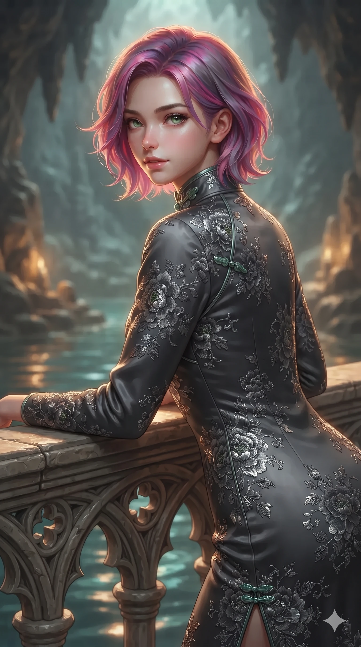 score_9, masterpiece, best quality, ultra-detailed, high-budget anime keyframe, editorial fashion photography, tasteful artistic composition, Caucasian woman. close-up cowboy shot from the waist and thighs up, the character dominates the composition, filling the frame with her large presence. leaning forward over the carved stone gothic balustrade, looking back with sleepy seductive bedroom-eyes as water reflections dance across her silhouette while lounging gracefully on the heated basalt spa lounger propped on one elbow with legs extended, her sculpted silhouette and flat midriff radiating magnetic nocturnal glamour. The background shows a soft-focus subterranean spa humidity softened in basalt thermal grotto shallow focus. She has an exceptionally elegant, slender, and willowy female figure with an ultra-slim waist, flat toned midriff, narrow ribcage, and sculpted feminine hips creating an alluring, slim hourglass silhouette without bulk. sharp v-shaped jawline, high-bridge nose, intricate jewel-like sparkling eyes with depth, thick eyelashes, glossy parted lips with a natural sheen, intensely captivating and seductive bedroom-eyes expression, exuding both youthful cute charm and sovereign luxury allure, flawlessly proportioned anatomical accuracy, strict slender model proportions, natural body alignment, perfectly sculpted long slender limbs, ultra-slim waistline, clean dynamic posture without body distortion. wearing a prestigious high-neck long-sleeve silk cheongsam evening gown with modest silhouette and embroidered floral crests in charcoal grey and polished chrome, crafted from bespoke double-faced cashmere with an exceptionally soft tactile finish, finished with sleek jade frog closures glinting along her high collar, the impeccably tailored cut draping gracefully along her slender figure with aristocratic poise. illuminated by water reflection bounce and sharp amber-gold rim lights sculpting her razor-sharp jawline, narrow waist, and curvy hips. ultra-reflective glossy finish, specular highlights, rich textural contrasts, high-contrast stereoscopic depth, volumetric dynamic lighting, 2k, ultra detail, master piece, 9:16 ratio