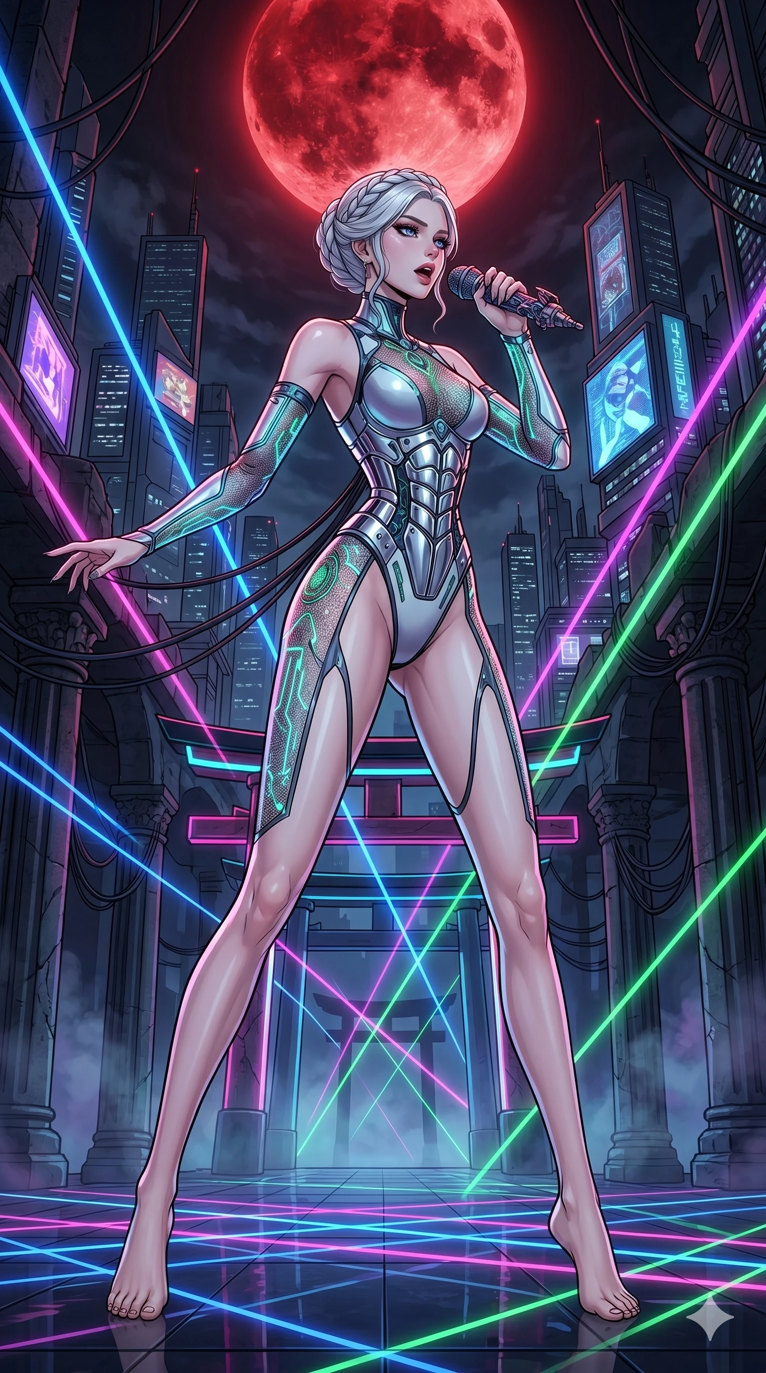 score_9, masterpiece, best quality, ultra-detailed, high-budget anime movie keyframe, cinematic anime lighting, intricate line art, Caucasian (strictly human ears) anime girl. Dynamic full-body shot stretching the vertical silhouette across the 9:16 frame. singing on a laser stage in a cyber-temple in Neo-Tokyo under a blood moon. She has an absolutely perfect 8-heads proportion, an exceptionally tall and slender female figure with an ultra-slim waist and impossibly long slender legs. sharp v-shaped jawline, high-bridge nose, intricate jewel-like eyes, thick eyelashes, glossy lips. Wearing asymmetrical high-cut tech-bodysuit with detached glowing sleeves, chrome-plated mechanical corset, and bioluminescent mesh panels clinging to her slender figure. The scene is illuminated by dramatic atmospheric lighting and vibrant color palettes. 2k, ultra detail, master piece, 9:16 ratio