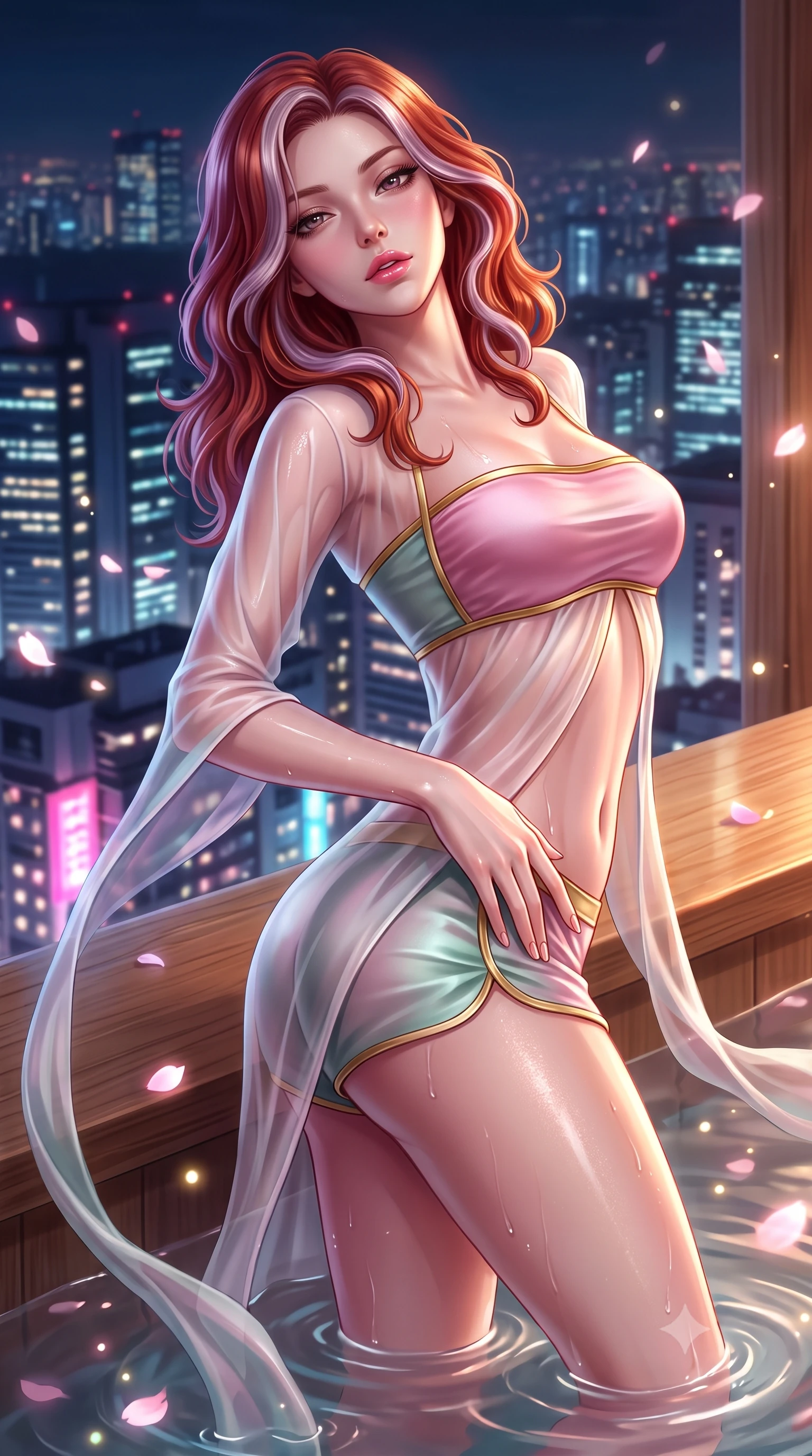 score_9, masterpiece, best quality, ultra-detailed, high-budget anime keyframe, semi-realistic 3D game render, editorial fashion photography, tasteful artistic composition, Caucasian woman. close-up cowboy shot from the waist and thighs up, the character dominates the composition, filling the frame with her large presence. arching her spine backward with effortless dancer poise, one hand sliding along her hip line as directional light carves specular highlights along her silhouette while leaning back against a cedar bath partition overlooking glowing Tokyo skyscrapers, parted glossy lips reflecting pink neon lights. The composition keeps background elements in soft focus with creamy bokeh. thermal pool ripple caustics and drifting sakura petals scattering soft luminous light motes. She has an exceptionally elegant, slender, and willowy female figure with an ultra-slim waist, a gracefully sculpted slender torso, toned flat midriff, and rounded feminine hips creating an alluring hourglass silhouette. sharp v-shaped jawline, high-bridge nose, intricate jewel-like eyes with depth, thick eyelashes, glossy parted lips with a natural sheen, intensely captivating and seductive bedroom-eyes expression, flawlessly proportioned anatomical accuracy, strict slender model proportions, natural body alignment, perfectly sculpted long slender limbs, ultra-slim waistline, clean dynamic posture without body distortion. wearing a sheer chiffon onsen coverup worn over a form-contouring gold-piped bandeau and micro-shorts in lotus petal pink and jade mist, tailored from smooth liquid silk satin adhering seamlessly to her wet skin, finished with long flowing silk arm ribbons that float weightlessly in the air, the glove-like aerodynamic silhouette tightly following the natural contour of her hips and long slender legs with statuesque precision. surrounded by an intimate, tranquil, and deeply sensual Japanese skylounge muse aura. highly saturated vibrant anime colors, detailed shading with soft gradients, rich glossy textures, high-contrast stereoscopic depth, volumetric dynamic lighting, master piece, 9:16 ratio