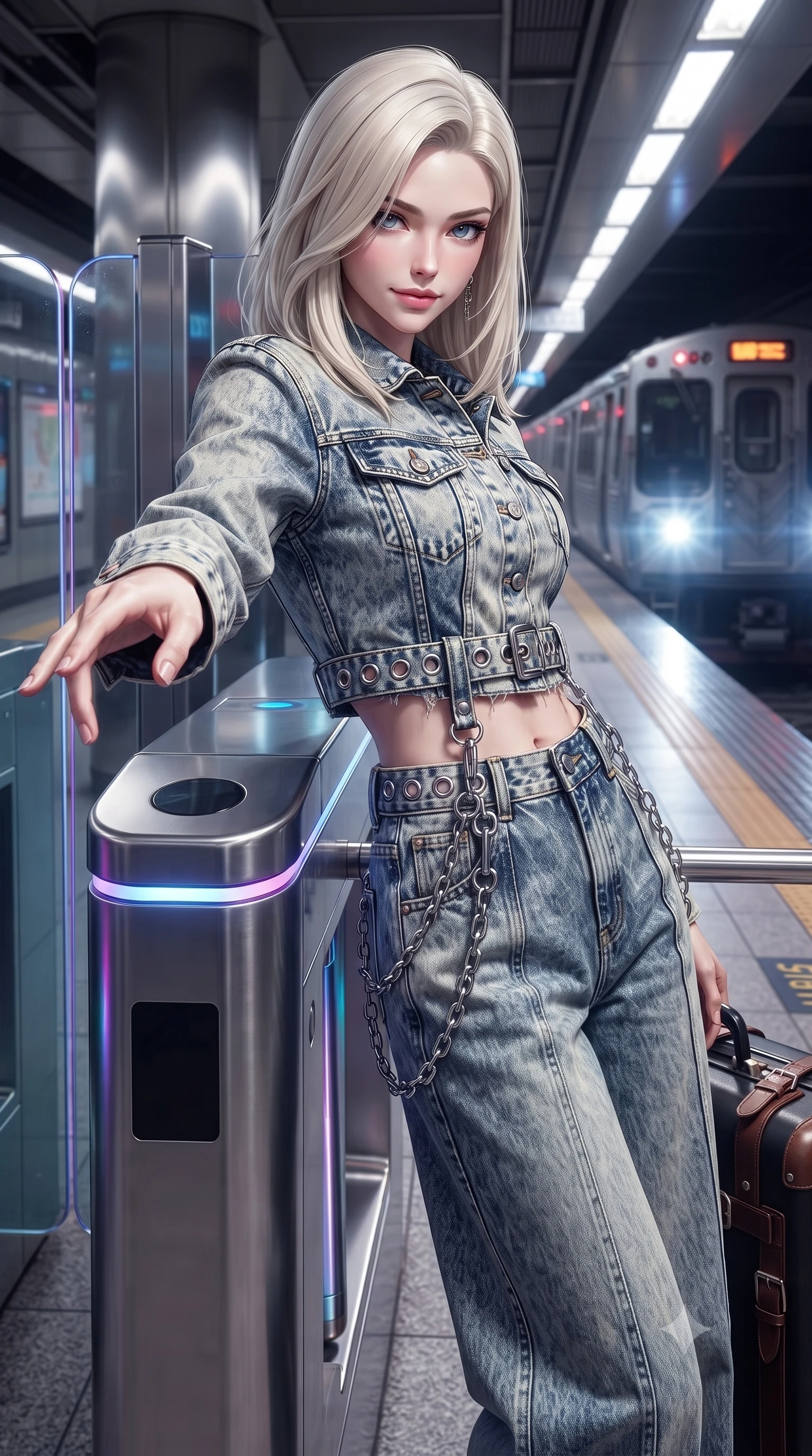 score_9, masterpiece, best quality, ultra-detailed, high-budget anime keyframe, editorial fashion photography, tasteful artistic composition, Caucasian woman. close-up cowboy shot from the waist and thighs up, the character dominates the composition, filling the frame with her large presence. extending one slender arm gracefully toward the foreground while casting an affectionate, mesmerizing glance while leaning against a retro-futuristic metallic subway turnstile with a fierce, rebellious streetwear smirk. The surrounding environment is rendered in vivid detail and crisp panoramic clarity. detailed platform safety markings, leather harness buckles, and train headlights in high clarity. She has an exceptionally elegant, slender, and willowy female figure with an ultra-slim waist, a gracefully sculpted slender torso, toned flat midriff, and a refined slim silhouette. sharp v-shaped jawline, high-bridge nose, intricate jewel-like eyes with depth, thick eyelashes, glossy lips with a natural sheen, captivating and magnetic expression, flawlessly proportioned anatomical accuracy, strict slender model proportions, natural body alignment, perfectly sculpted long slender limbs, ultra-slim waistline, clean dynamic posture without body distortion. wearing a deconstructed denim corseted crop jacket paired with high-waisted wide-leg utility jeans and a silver grommet belt in acid-wash light denim and dark chrome, tailored from distressed structured cotton denim with metallic thread, accented with hanging industrial clip straps and chrome chain links edition #24, the liquid-tight tailored fabric emphasizing every curve of her tall, slender model proportions and sculptured silhouette during dynamic movement. surrounded by an edgy, electrifying, and irresistibly cool cyber-street idol aura. ultra-reflective glossy finish, specular highlights, rich textural contrasts, high-contrast stereoscopic depth, volumetric dynamic lighting, 2k, ultra detail, master piece, 9:16 ratio