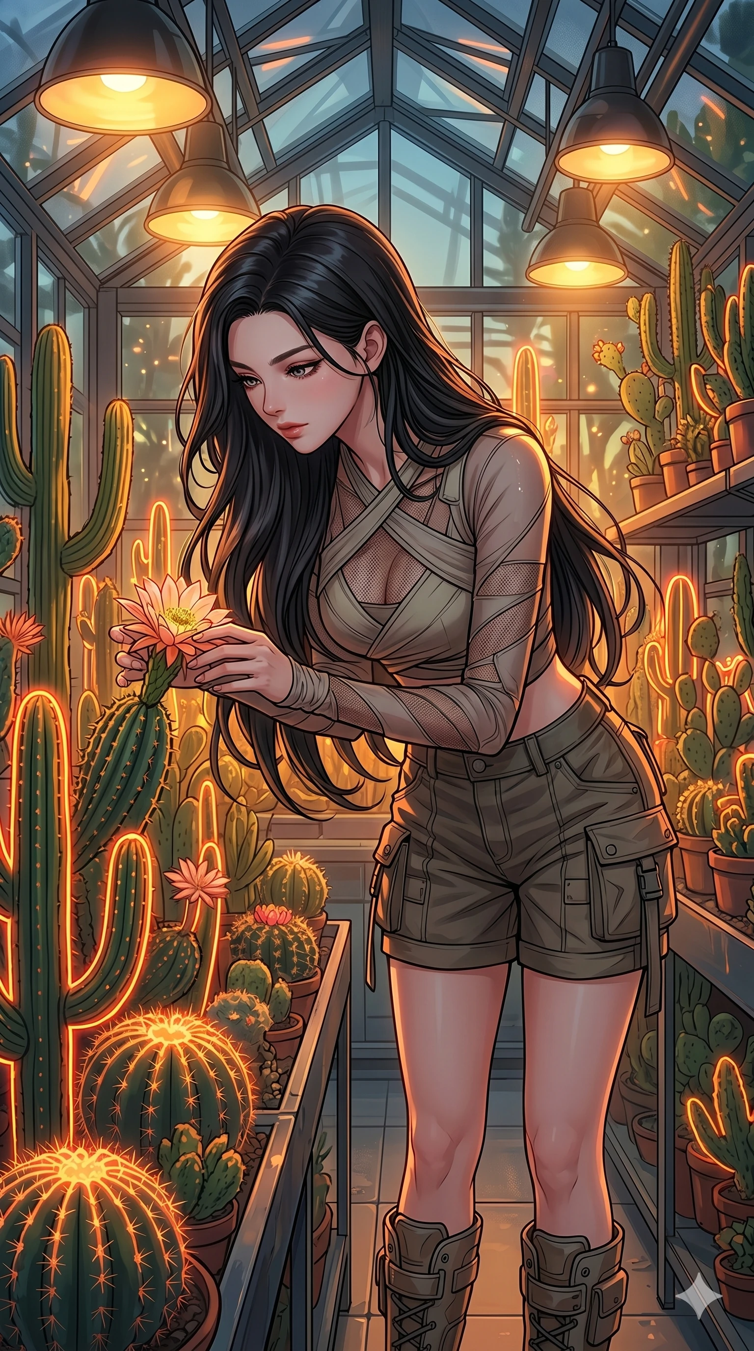 score_9, masterpiece, best quality, ultra-detailed, high-budget anime keyframe, Korean woman. Upper body close-up from the thighs up, character filling the screen for maximum presence. Inside a greenhouse filled with glowing neon cacti, examining a cactus flower with a fascinated, gentle expression. She is wearing a cropped wrap top with sheer panels, utility shorts, and boots. The scene is bathed in the warm yellow light of the greenhouse and orange cacti glow. 2k, ultra detail, master piece, 9:16 ratio