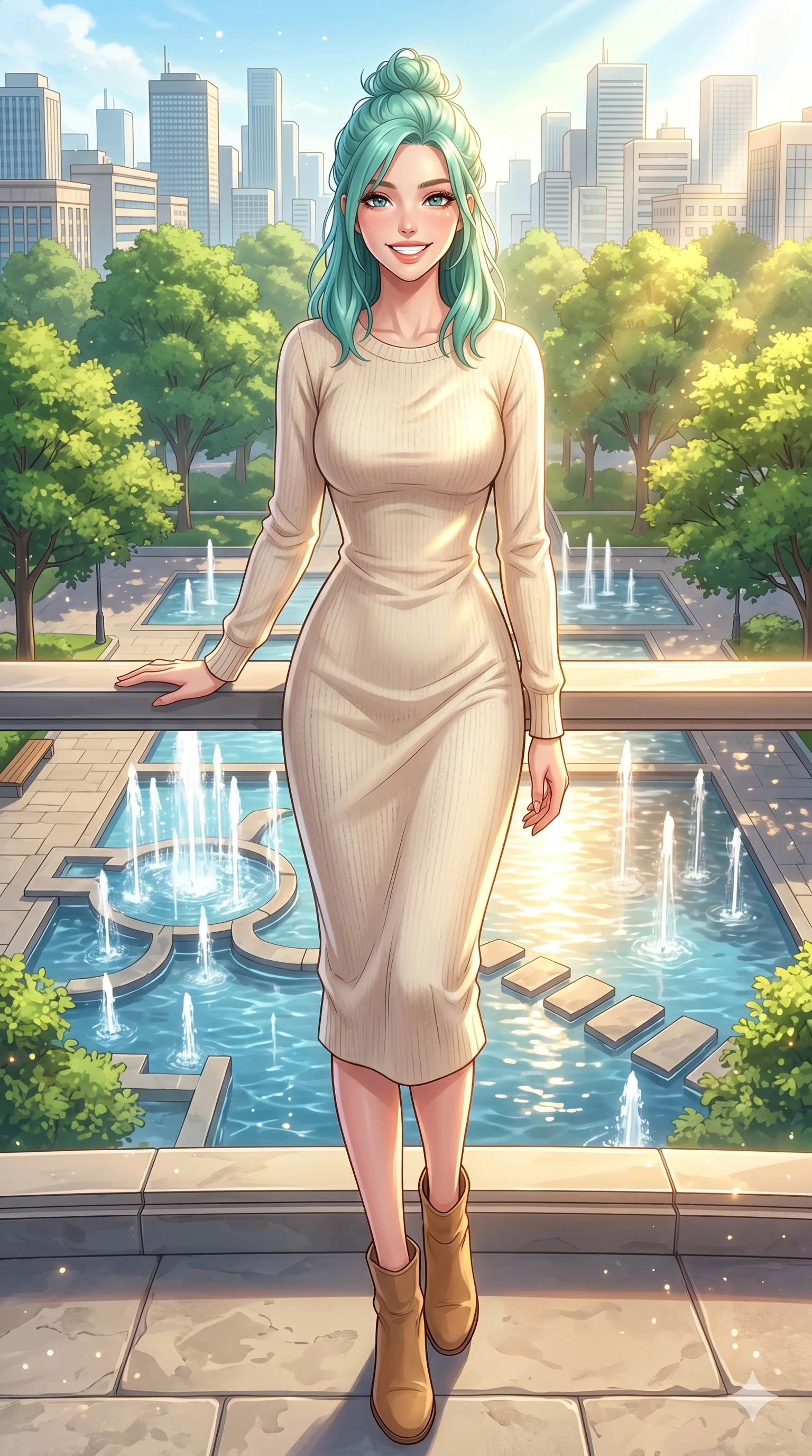 score_9, masterpiece, best quality, ultra-detailed, high-budget anime keyframe, vibrant anime aesthetic, Japanese woman. low angle full-body shot from head to toe showing her feet, filling the entire 9:16 vertical frame with her statuesque presence, stretching her vertical silhouette. She is leaning on a terrace rail, looking at the viewer with a bright, joyful smile by a modern city fountain plaza surrounded by green trees and bright afternoon sun (Code-P20-033). She has an absolutely perfect 8-heads proportion, an exceptionally tall and slender female figure with impossibly long slender legs and an ultra-slim waist. V-shaped jawline, high-bridge nose, intricate jewel-like eyes with depth, thick eyelashes, glossy lips with a natural sheen. wearing a spring knit midi dress with long sleeves and ankle boots. She is warm golden afternoon sunbeams reflecting off the fountain water, dancing on her face. 2k, ultra detail, master piece, 9:16 ratio