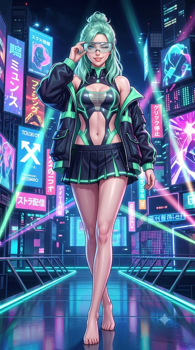 score_9, masterpiece, best quality, ultra-detailed, high-budget anime keyframe, semi-realistic 3D game render, editorial fashion photography, tasteful artistic composition, Japanese woman. low angle full-body shot from head to toe showing her feet, f