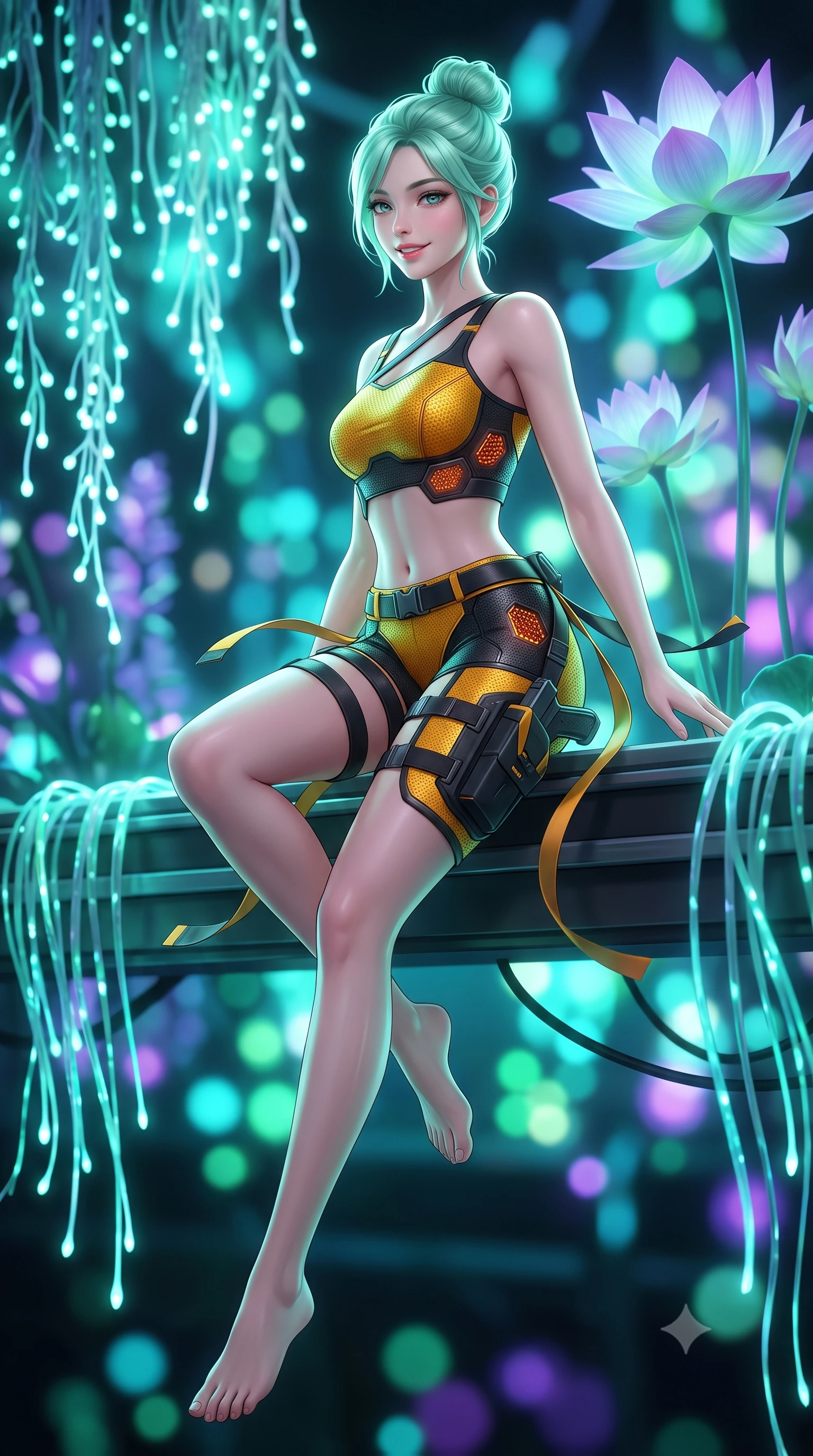 score_9, masterpiece, best quality, ultra-detailed, high-budget anime keyframe, semi-realistic 3D game render, editorial fashion photography, tasteful artistic composition, Japanese woman. low angle full-body shot from head to toe showing her feet, filling the entire 9:16 vertical frame with her statuesque presence, stretching her vertical silhouette. executing a cheerful mid-motion pivot turn as her tactical belt and ribbons flutter around her slender legs, glancing over her shoulder with an intoxicating, teasing bedroom-gaze while sitting gracefully on the edge of an elevated botanical gantry with legs crossed, her futuristic suit glowing softly in the dark jungle. The background shows a soft-focus cascading bioluminescent tendrils and towering alien lotus blossoms blurred into vibrant turquoise, jade, and ultraviolet bokeh. She has an absolutely perfect, statuesque 8.5-heads proportion, an exceptionally tall and slender model-like female figure with impossibly long slender legs, an ultra-slim waist, a flat toned midriff, narrow delicate ribcage, and beautifully sculpted feminine hips creating a graceful, slim hourglass silhouette without any bulky heaviness. sharp v-shaped jawline, high-bridge nose, intricate jewel-like sparkling eyes with depth, thick eyelashes, glossy parted lips with a natural sheen, bright confident smile with an enchanting and coquettish sensual glint, exuding both youthful magnetic charm and sovereign high-tech allure, flawlessly proportioned anatomical accuracy, strict slender model proportions, natural body alignment, perfectly sculpted long slender limbs, ultra-slim waistline, clean dynamic posture without body distortion. wearing a high-tech mechanic crop top with asymmetric shoulder straps paired with ultra-fitted tactical hot-pants and thigh holsters in industrial hazard yellow and matte carbon black, woven from delicate semi-opaque high-tensile nano-mesh with intricate hexagonal micro-patterns, accented with subtle hexagonal heat-sink vents glowing with dim orange thermal heat, the liquid-tight tailored fabric clinging flawlessly to her narrow waist and rounded feminine hips, emphasizing every millimeter of her sculpted slim hourglass curves without any bulky heaviness. bathed in cool ethereal aqua and ultraviolet bioluminescent light radiating from living plants. highly saturated vibrant anime colors, detailed shading with soft gradients, rich glossy textures, high-contrast stereoscopic depth, volumetric dynamic lighting, master piece, 9:16 ratio