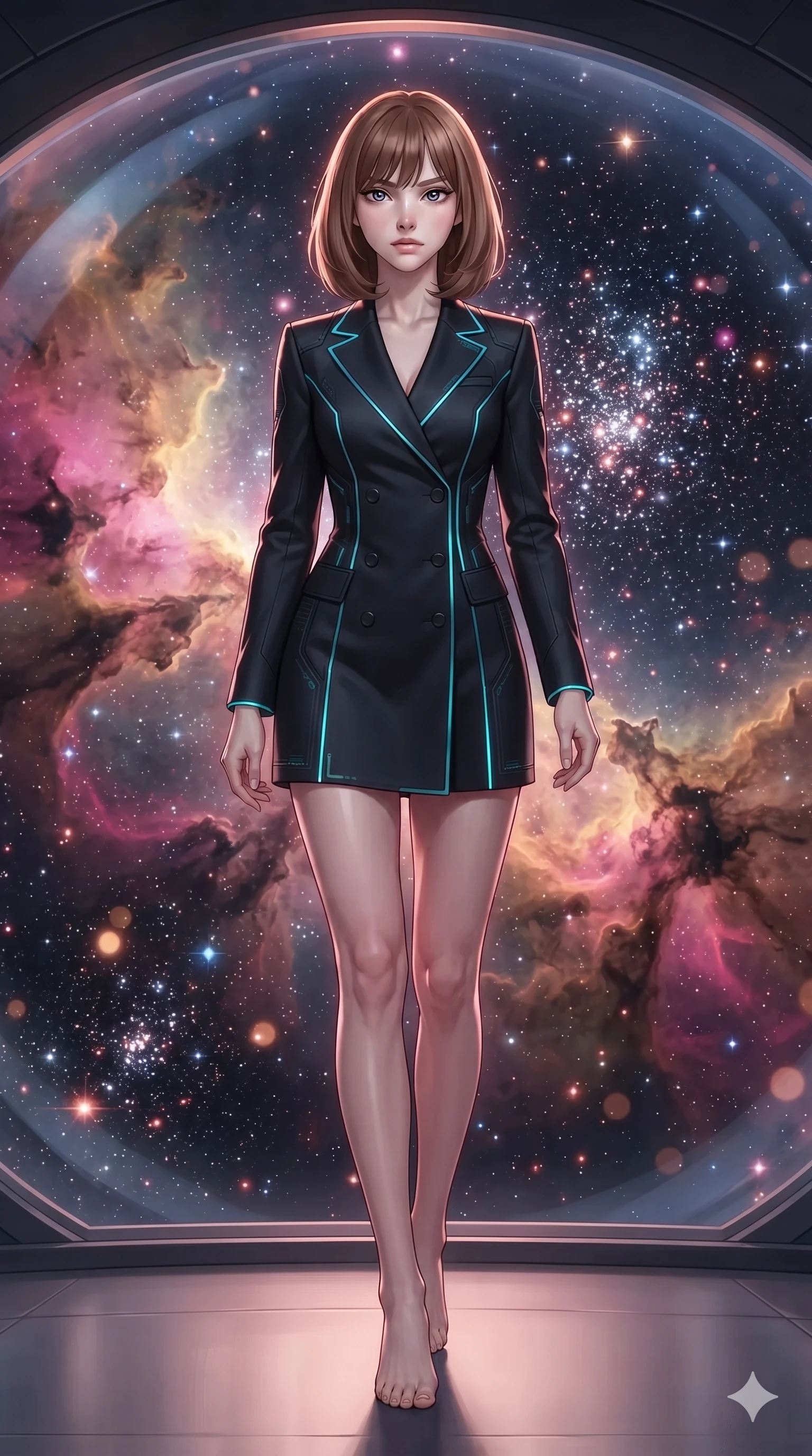 score_9, masterpiece, best quality, ultra-detailed, high-budget anime keyframe, editorial fashion photography, tasteful artistic composition, Caucasian woman. low angle full-body shot from head to toe showing her feet, filling the entire 9:16 vertical frame with her statuesque presence, stretching her vertical silhouette. stepping slowly toward the camera with hypnotic grace, hips swaying in an alluring sensual rhythm that accentuates her curvy hourglass silhouette and long slender legs while standing poised in the center of the transparent hemispherical observation dome, arching her spine with ethereal siren poise as vibrant magenta and gold emission nebulae surround her. The background shows a soft-focus vibrant magenta, peach, and gold stellar gas clouds, dense diamond star clusters, and dark dust filaments blurred into rose-gold, diamond, and indigo bokeh. She has an absolutely perfect, statuesque 8.5-heads proportion, an exceptionally tall and slender model-like female figure with impossibly long slender legs, an ultra-slim waist, a flat toned midriff, narrow delicate ribcage, and beautifully sculpted feminine hips creating a graceful, slim hourglass silhouette without any bulky heaviness. sharp v-shaped jawline, high-bridge nose, intricate jewel-like sparkling eyes with depth, thick eyelashes, glossy parted lips with a natural sheen, bright confident smile with an enchanting and coquettish sensual glint, exuding both youthful magnetic charm and sovereign high-tech allure, flawlessly proportioned anatomical accuracy, strict slender model proportions, natural body alignment, perfectly sculpted long slender limbs, ultra-slim waistline, clean dynamic posture without body distortion. wearing a tailored double-breasted cyber-operative blazer dress with subtle metallic pin-stripes and structured lapels in matte obsidian black and glowing neon cyan trim, tailored from brushed aeronautical titanium alloy with matte satin sheen, finished with polished chrome buckle hardware and modular magnetic holster clasps, the bespoke structured tailoring following the natural line of her 8.5-heads silhouette with refined elegance. illuminated by dome floor bounce and sharp rose-gold rim lights defining her razor-sharp jawline, narrow waist, and curvy hips. ultra-reflective glossy finish, specular highlights, rich textural contrasts, high-contrast stereoscopic depth, volumetric dynamic lighting, 2k, ultra detail, master piece, 9:16 ratio