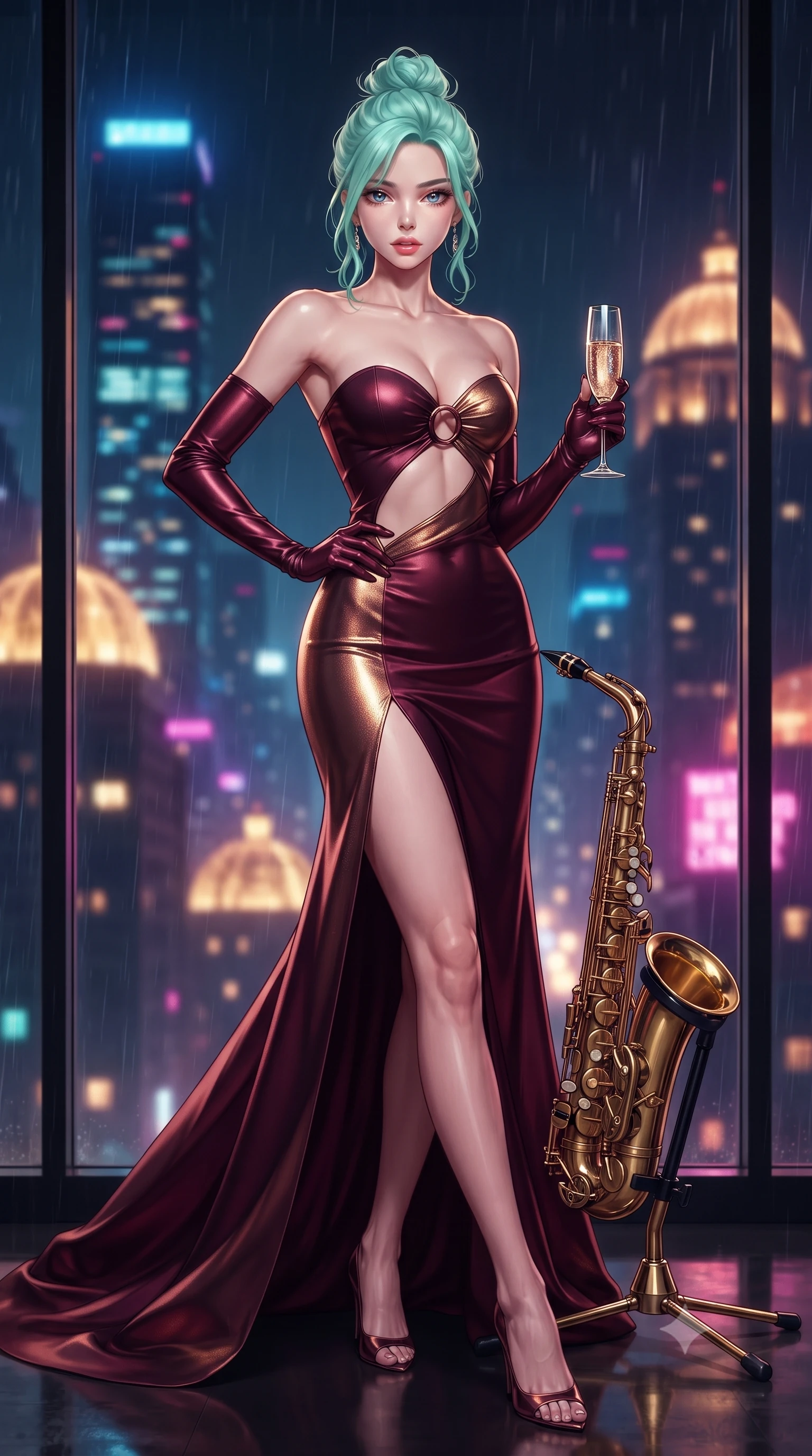 score_9, masterpiece, best quality, ultra-detailed, high-budget anime keyframe, editorial fashion photography, tasteful artistic composition, Japanese woman. low angle full-body shot from head to toe showing her feet, filling the entire 9:16 vertical frame with her statuesque presence, stretching her vertical silhouette. striding forward in a proud supermodel runway stride, hips swaying in an alluring kinetic rhythm that accentuates her curvy hourglass silhouette while standing poised beside the brass saxophone stand, hips dramatically shifted in an alluring contrapposto stance as midnight city neon glints on her dress. The composition keeps background elements in soft focus with creamy bokeh. rain-drenched skyscraper neon lights and glowing glass penthouse domes blurred into deep sapphire, warm amber, and magenta bokeh. She has an absolutely perfect, statuesque 8.5-heads proportion, an exceptionally tall and slender model-like female figure with impossibly long slender legs, a toned flat midriff, an ultra-slim waist, and beautifully sculpted feminine hips. sharp v-shaped jawline, high-bridge nose, intricate jewel-like eyes with depth, thick eyelashes, glossy parted lips with a natural sheen, intensely captivating and seductive bedroom-eyes expression, flawlessly proportioned anatomical accuracy, strict slender model proportions, natural body alignment, perfectly sculpted long slender limbs, ultra-slim waistline, clean dynamic posture without body distortion. wearing a sculptured strapless duchess satin evening dress with an open-waist ring cutout and bodycon fit in deep royal wine burgundy and liquid bronze, crafted from luxurious metallic lamé that shifts radiance with every step, accessorized with a crystal champagne flute held in her manicured hand, the glove-like aerodynamic silhouette tightly following the natural contour of her hips and long slender legs with statuesque precision. surrounded by a sultry, soulful, and deeply intoxicating midnight jazz muse aura. ultra-reflective glossy finish, specular highlights, rich textural contrasts, high-contrast stereoscopic depth, volumetric dynamic lighting, 2k, ultra detail, master piece, 9:16 ratio